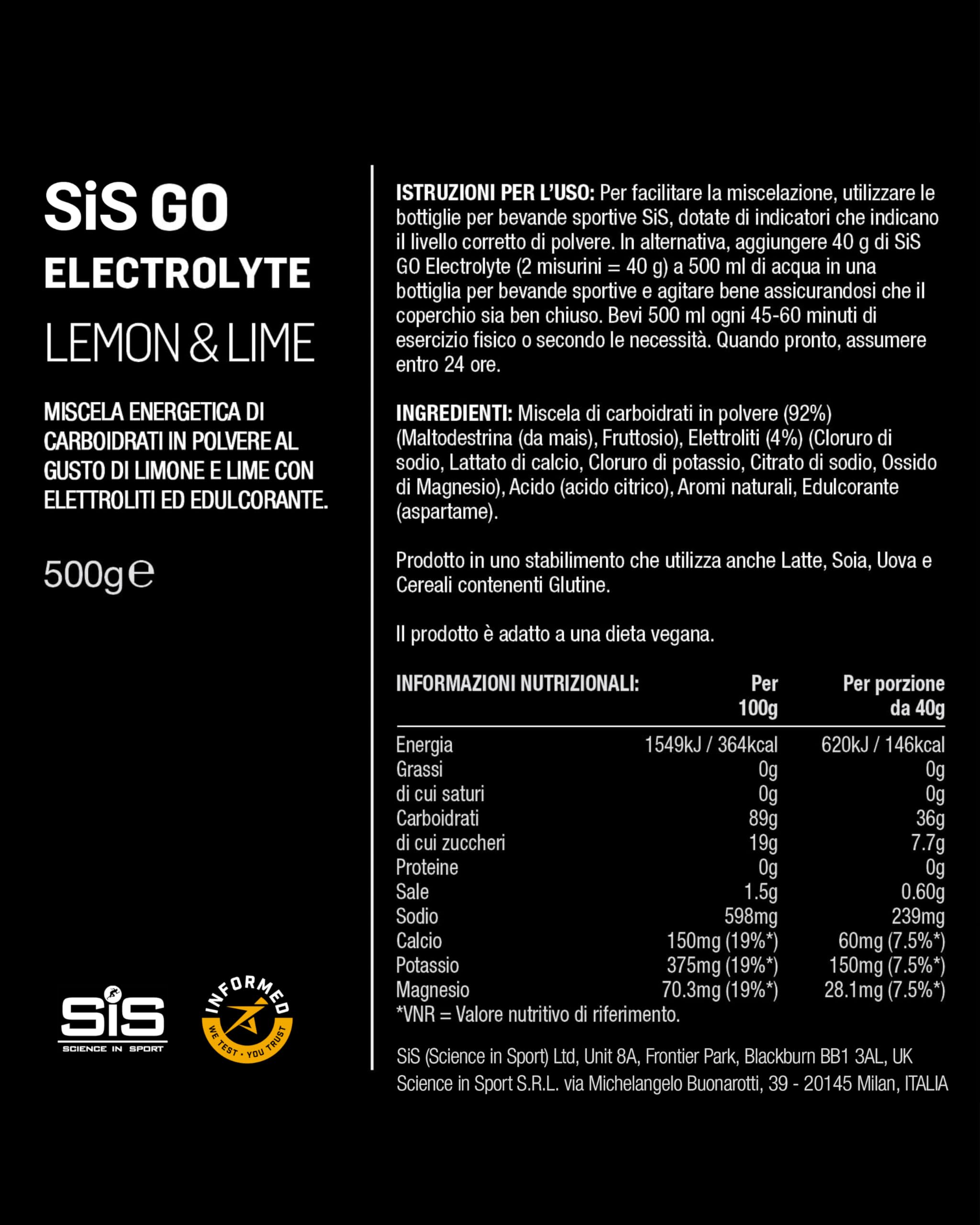 Science in Sport GO Elettroliti in polvere 500g Limone e lime - Bevanda sportiva vegana, Polvere isotonica per riequilibrare i livelli di elettroliti e liquidi