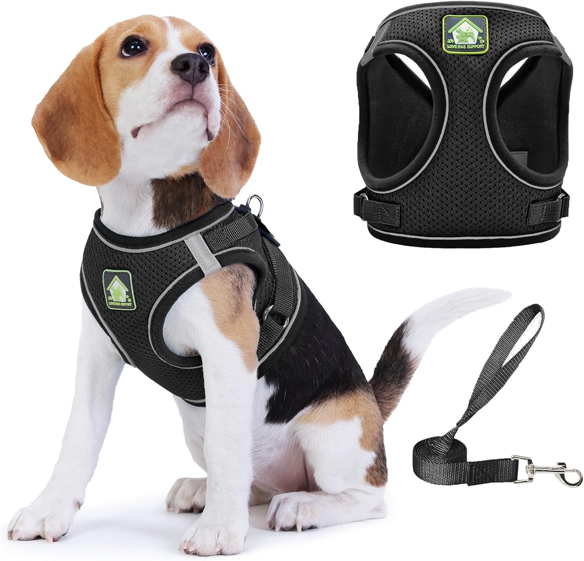 Arnés para perro con juego de correa, ajustable, suave, acolchado y malla transpirable para perros de tamaño pequeño, arnés reflectante sin tirones, chaleco para gatos, chaleco para mascotas de fácil control, negro L