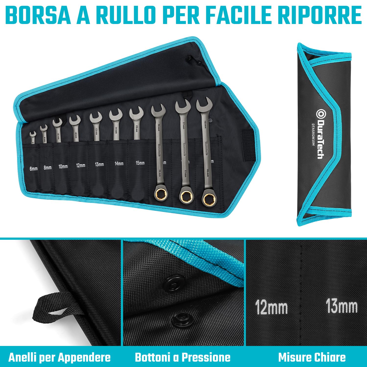 DURATECH Set di 10 chiavi combinate a cricchetto antiscivolo, metriche 6-18 mm, 72 denti, nichelate, in acciaio CR-V, con custodia