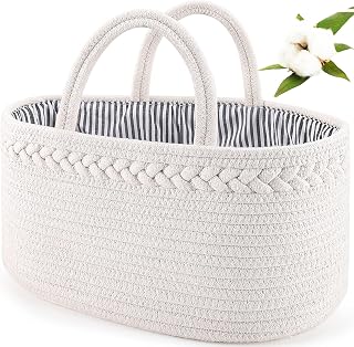 ABenkle Cotton Rope Baby Diaper Caddy Organizer - Nursery Bin, Car Storage for Diapers Wipes Essentials, 14.2x8.7x7.1 Removable Divider