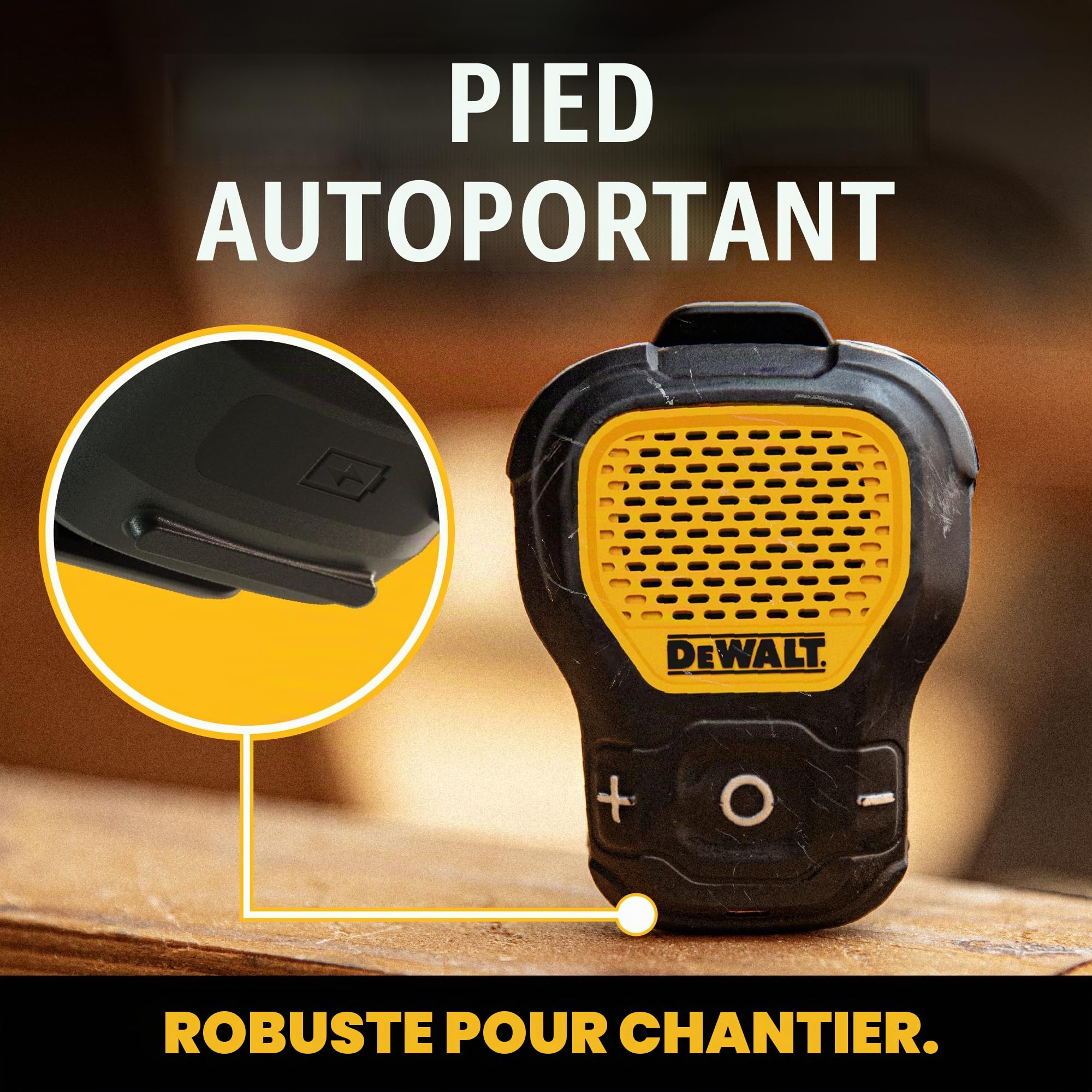 DEWALT Enceinte Bluetooth Portable (Version Mise à Jour), Haut-Parleur Portable sans Fil à Clipser Jobsite Pro résistant à l'eau, Microphone intégré pour Musique/appels Mains Libres, Haut-Parleur