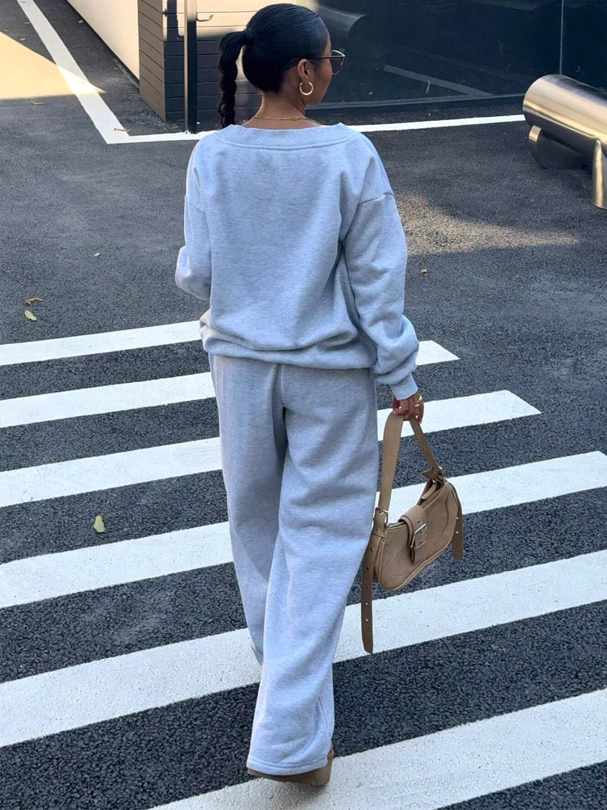 Conjunto de 2 piezas para mujer, sudadera de manga larga, pantalones de pierna ancha con bolsillos, chándal y ropa de descanso — view 2