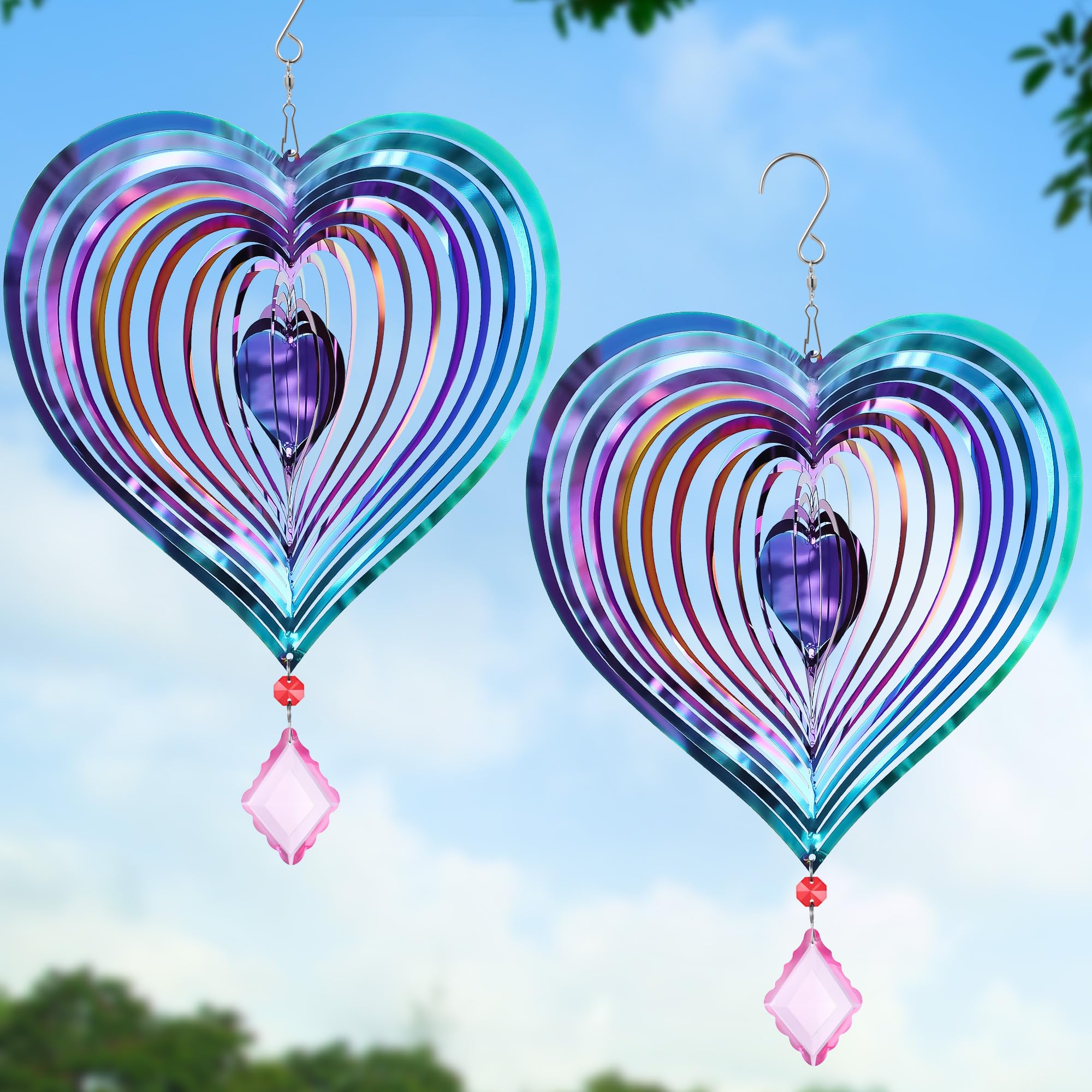 2 Pcs Wind Spinner Purple Heart 3D Metal Hanging Wind Spinners, Worth Purple Gifts for Women, Extra Sparkly Metal Yard Art Decorations Indoor/Outdoor Kinetic Wind Sculptures & Spinners
