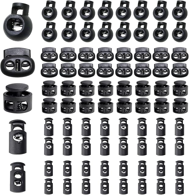 Rayong Toggles for Drawstrings 100 Pack Cord Locks Black Spring Loaded Plastic Single/Double Holes Stoppers Cord Ends for Drawstrings Shoelace Backpacks Paracord, 5 Styles