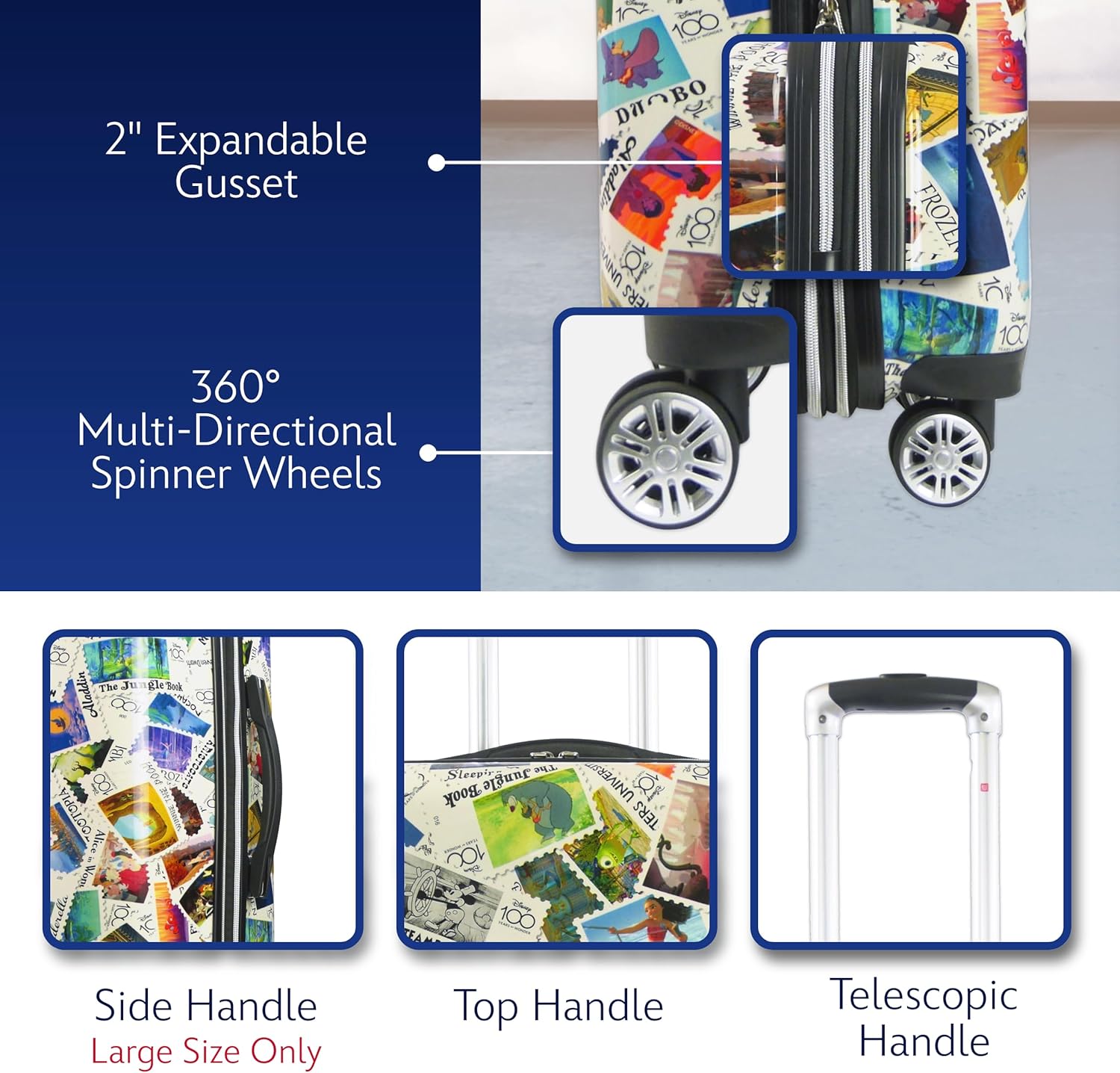 FUL Disney Stamps 30 Inch Rolling Luggage, Hardshell Checked Suitcase with Spinner Wheels, Multi