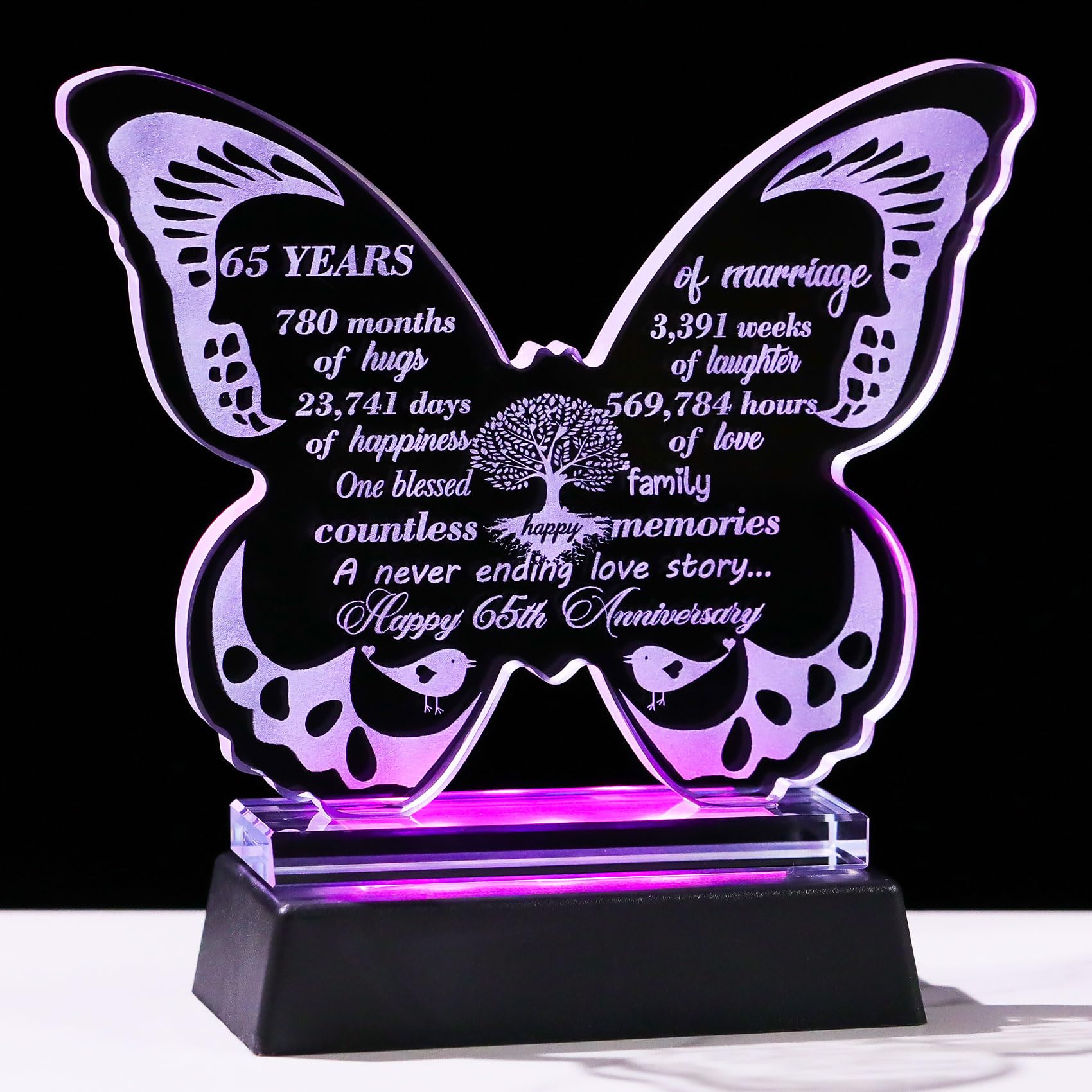 Ornalrist 65th Wedding Anniversary Romantic Gifts for Couples Wife 13.6cm Glass Butterfly-shaped 65 Years of Marriage Keepsake with LED Base Ideas Presents for Parents Friends