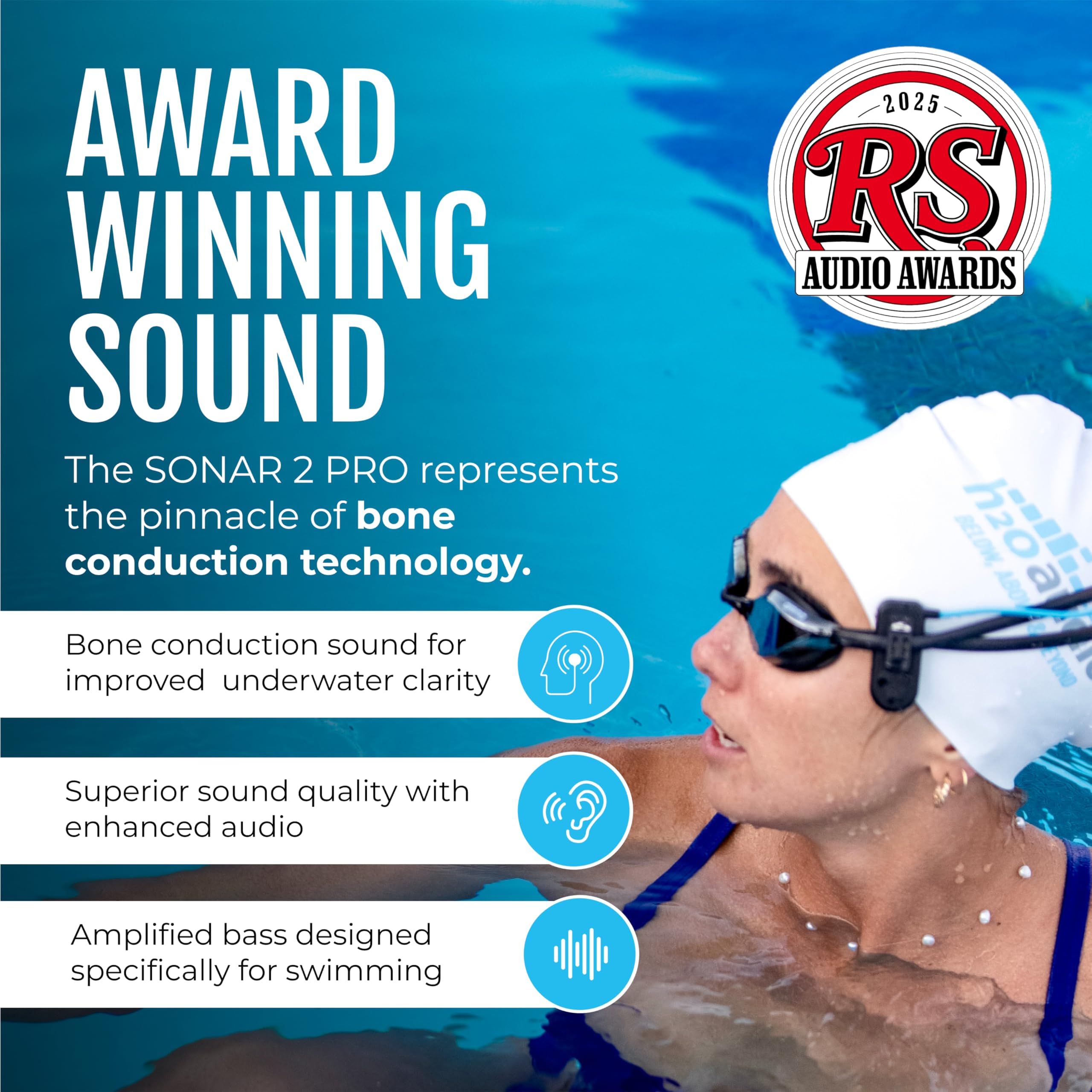 H2O Audio Sonar 2 Pro Casque étanche à conduction osseuse pour la natation – Casque sous-marin étanche IPX8 – Lecteur MP3 avec Playlist + application pour streaming Bluetooth – Autonomie de la