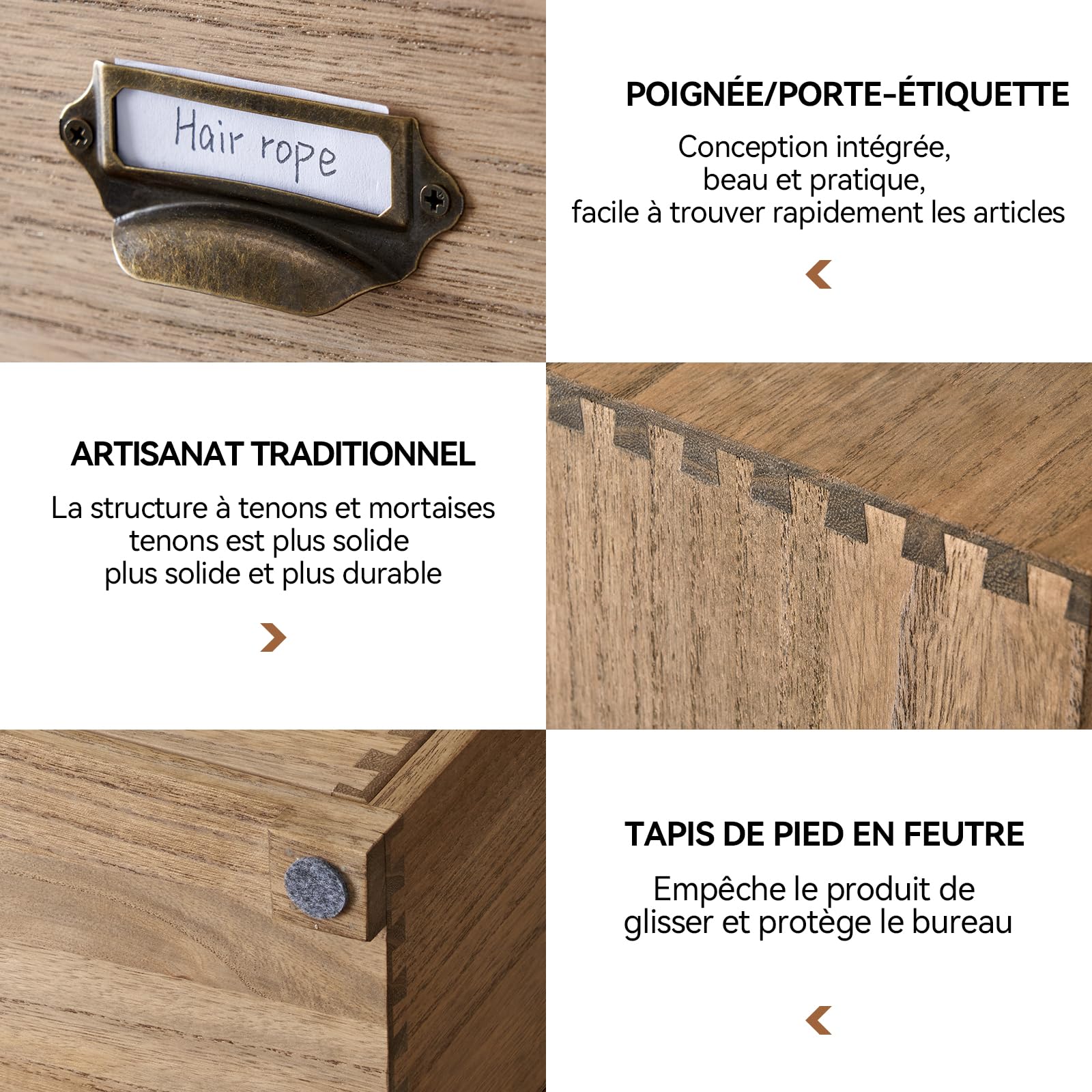 KIRIGEN Boîte de rangement en bois massif 4 étages Organisateur de bureau tiroir multifonctionnel brun