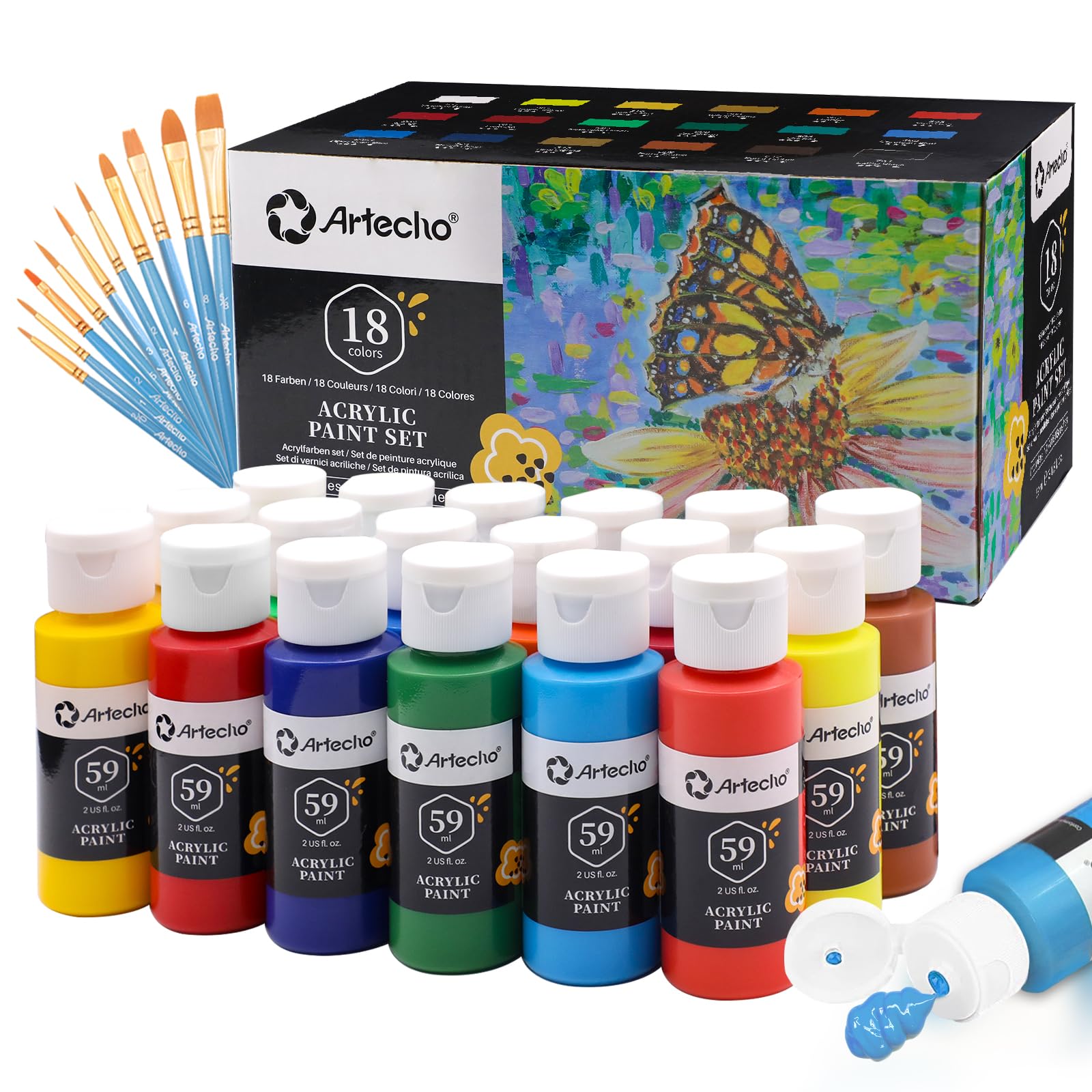 Artecho Acrylic Paints Set 18 Colors 2 Ounce/59ml with 10 Art Brushs, Non Toxic, Model Paint, Waterproof Paint, Acrylic Paint Kit for Canvas, Crafts, Glass, Clay, Wood, Fabric, Poster, Leather&Rock