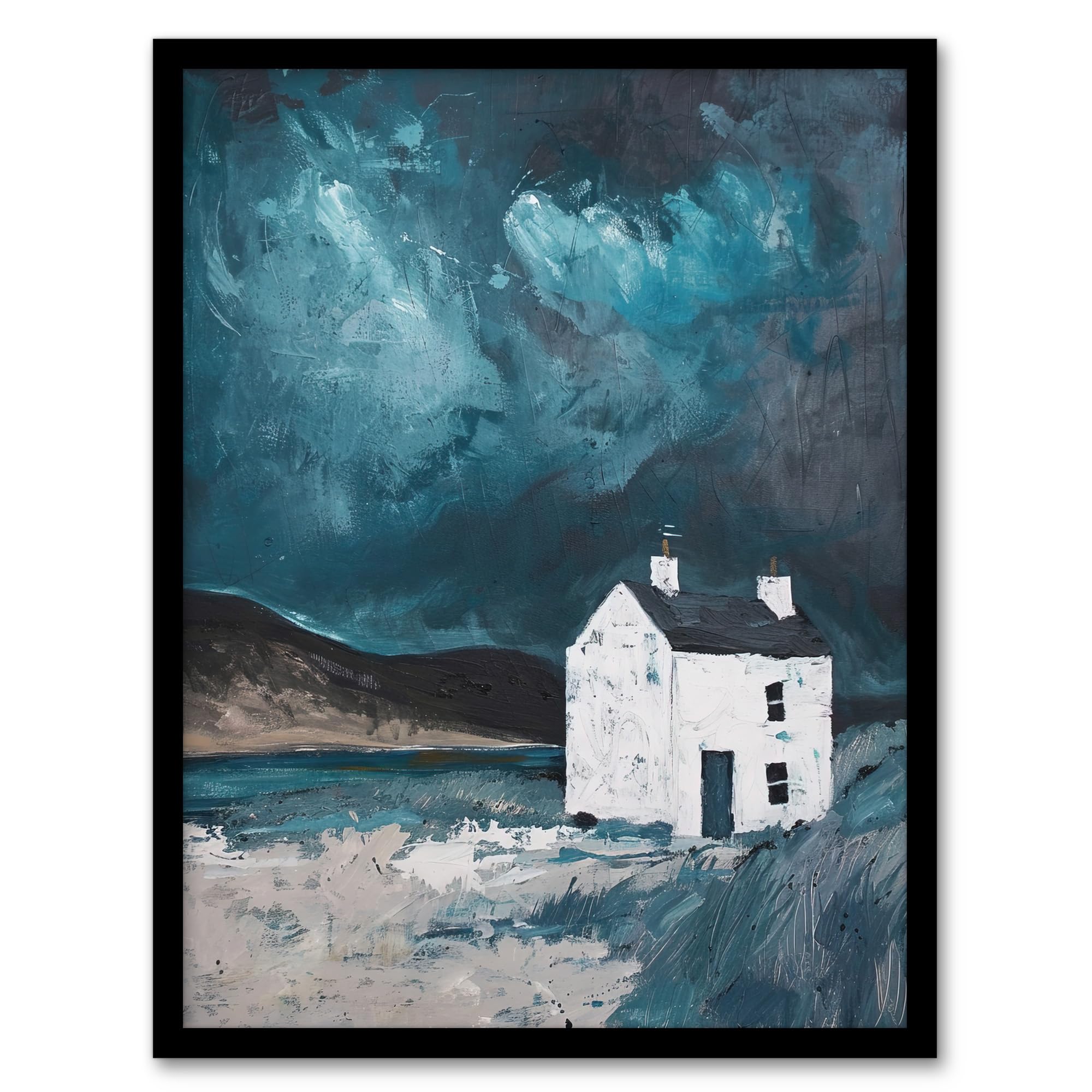 Artery8 Scottish Coastal Cottage Night Oil Painting Hills Living Room Artwork Framed Wall Art Print A4