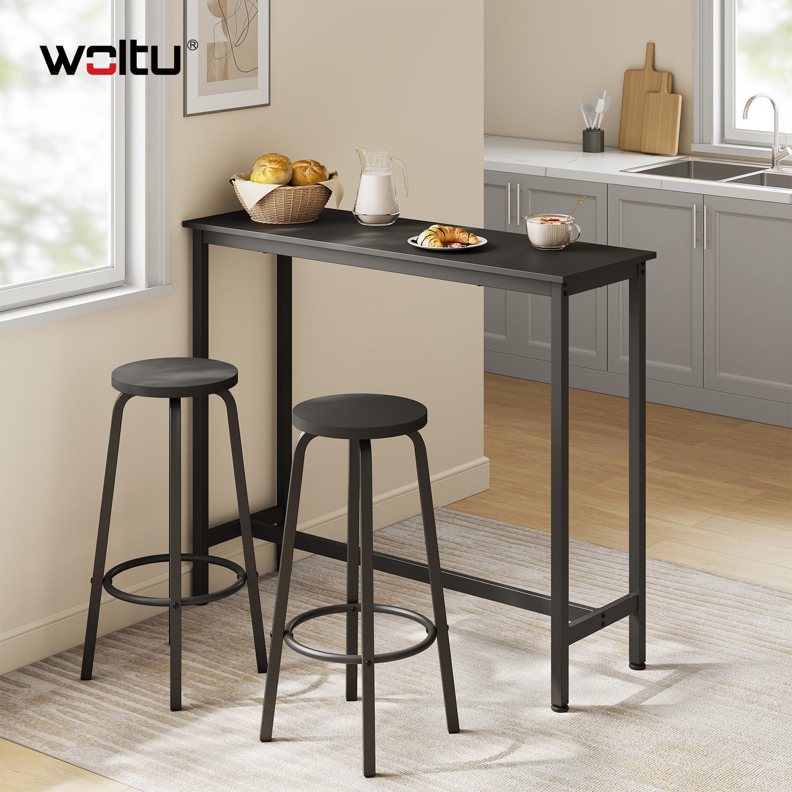 WOLTU Table avec 2 tabourets de Bar, Bar Table à Manger en métal, Mange Debout pour Cuisine, Bar, Bistro, 120x40x100cm, Noir