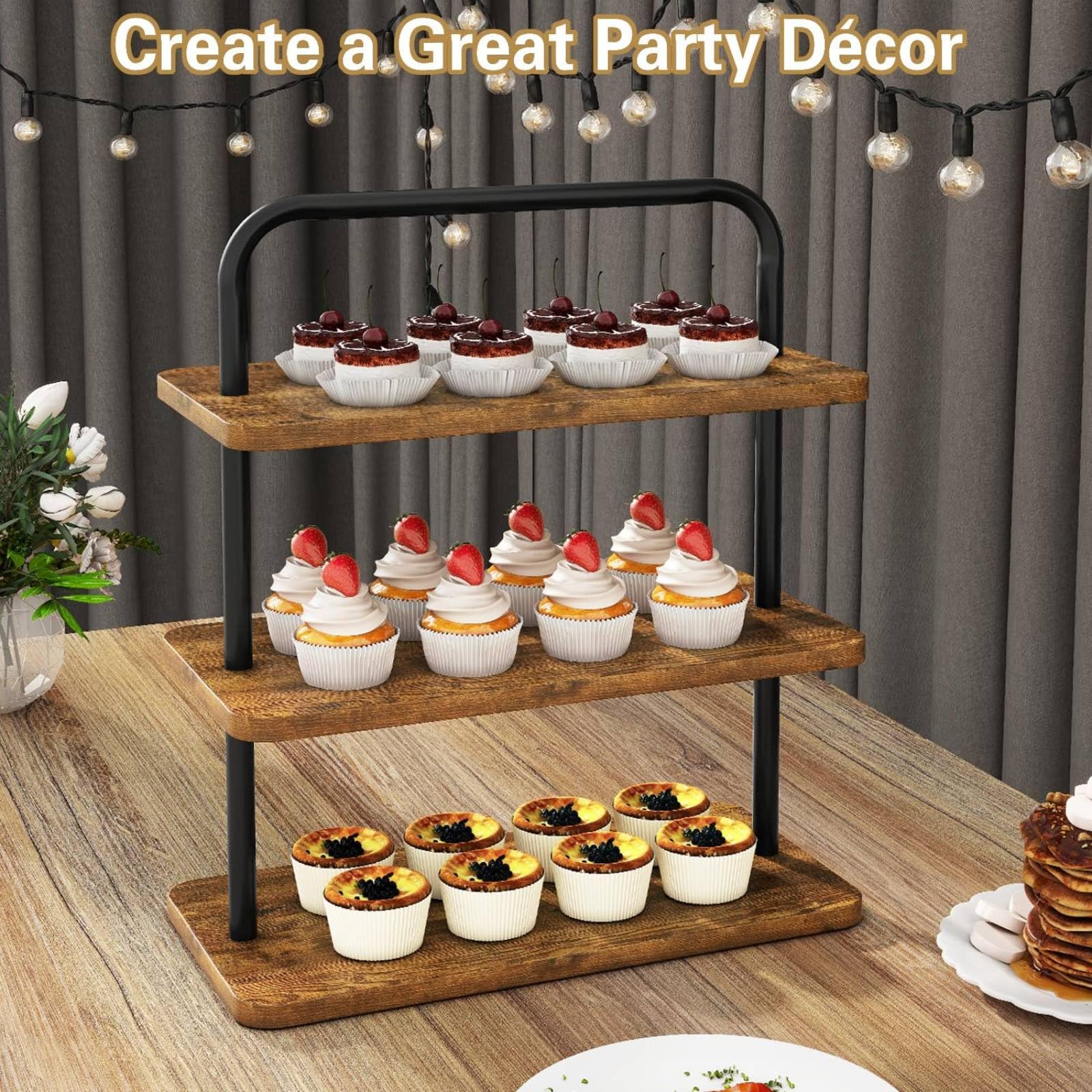 Soporte para Postres Expositor Cupcakes Pasteles Bandeja Estante de Madera Hierro de Triple Nivel Plegable con Asa Acabado Envejecido para Catering Reuniones Picnic Hogar