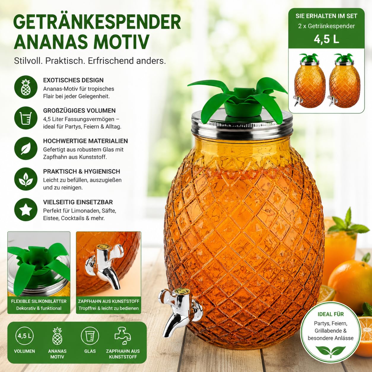 2er Set Getränkespender je 4,5L Ananas Glas mit Zapfhahn Getränkebehälter Saftspender Limonadenspender Partyspender Deckel 30cm für Cocktails Eistee Spender - gelb orange