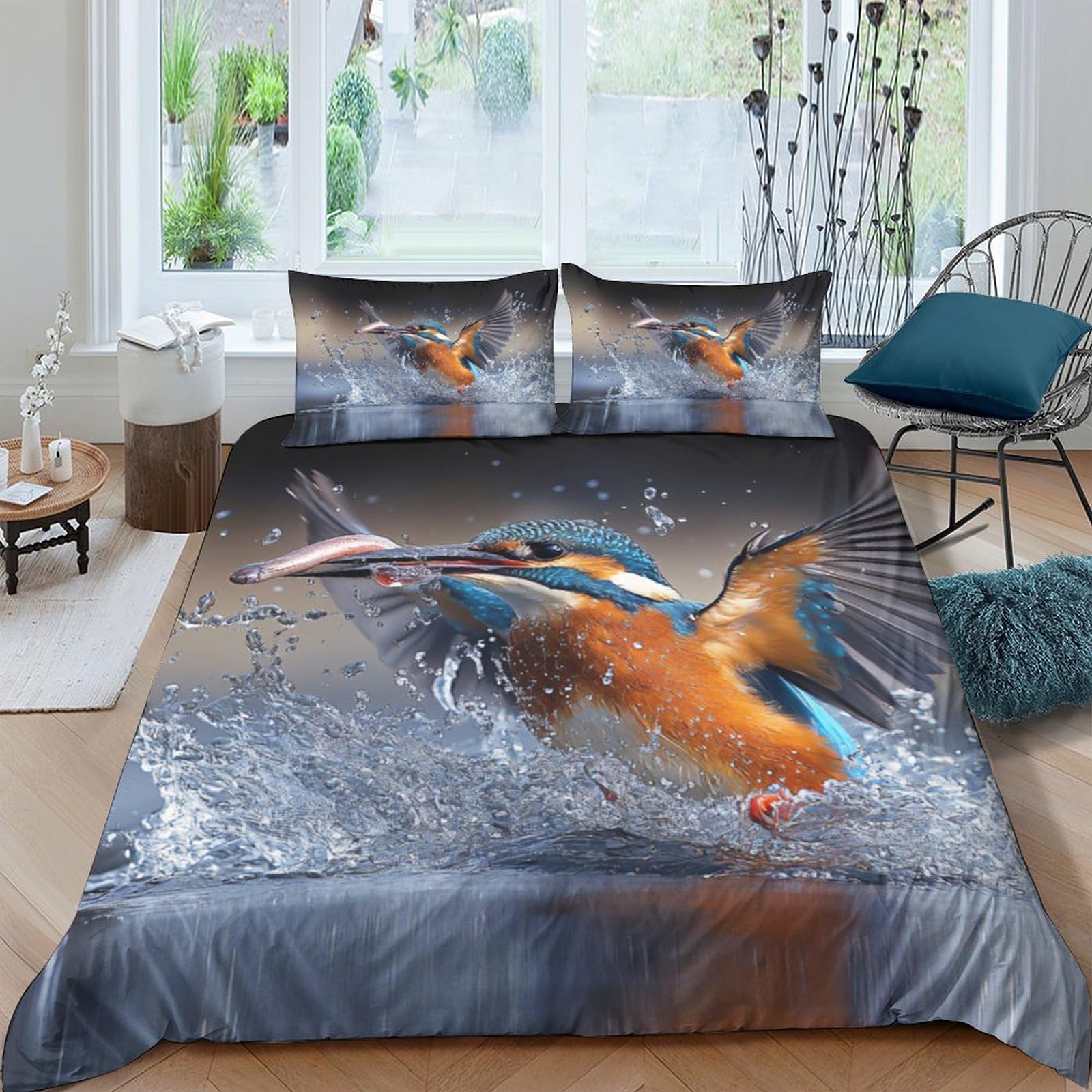 Ctjqhvkz Style-6 3D Printed Kingfisher Water Splash Fitted Sheet Microfiber Soft Artistic Bird Bed Cover For Bedroom Decor Single（135X200cm）