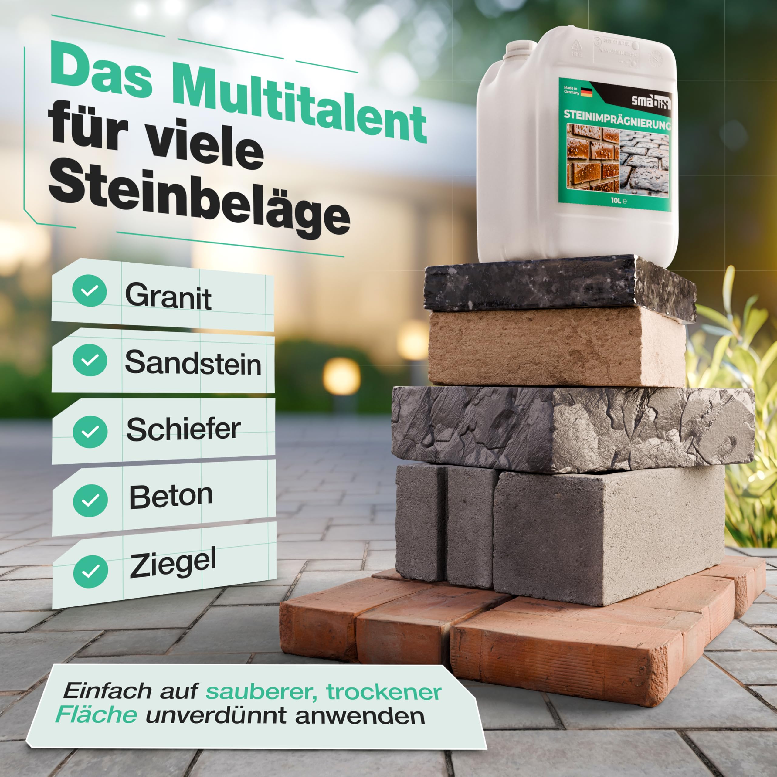 Smabix® [5L] Steinimprägnierung Außen I für 60 m² I Made in Germany, Schutz vor Feuchtigkeit, Imprägnierung für Terrassenplatten, Natursteine, Beton, Pflastersteine, Fassaden, Steinversiegelung Außen