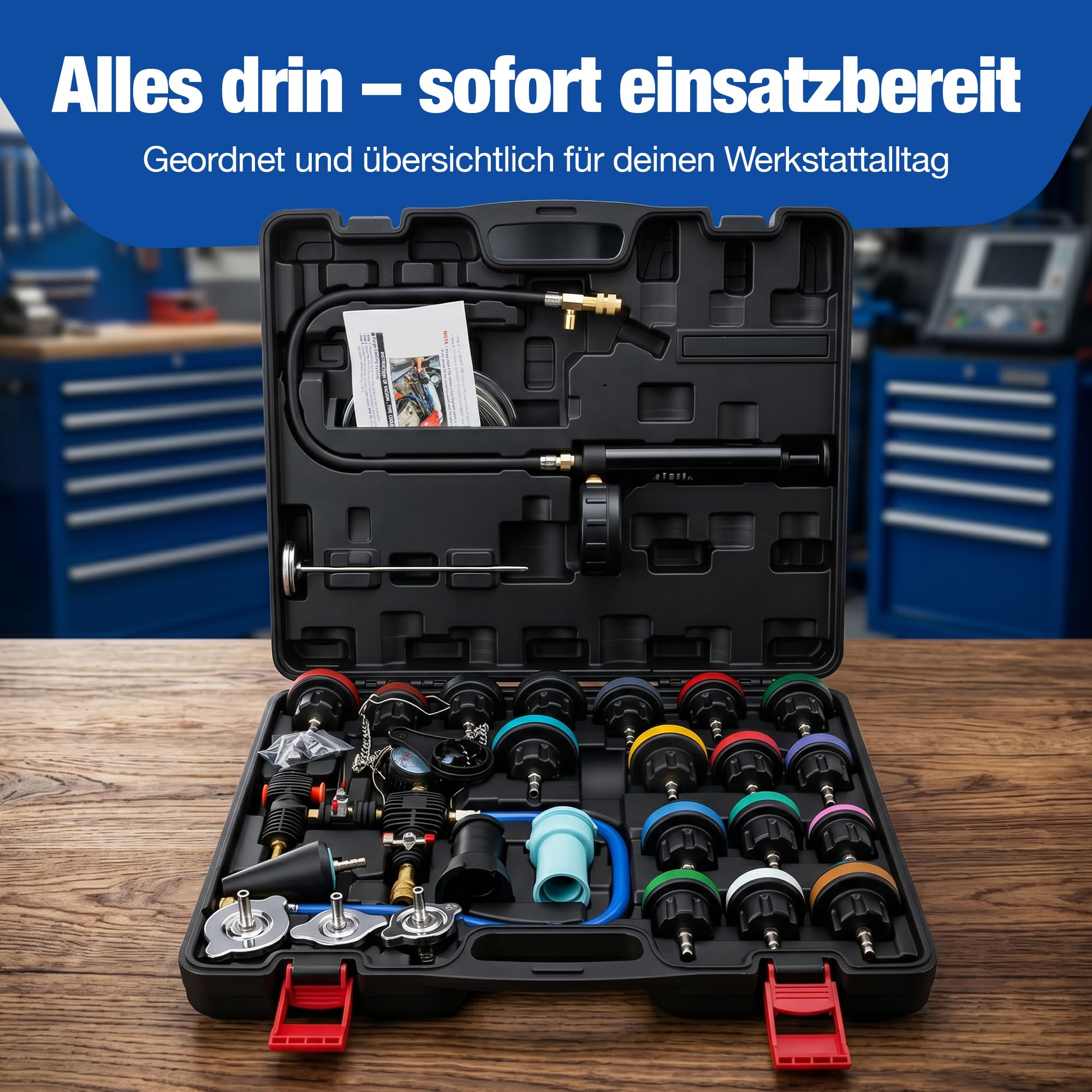 NTG 28-teilig Kühlsystemtester & Kühler Abdrückgerät | Vakuum Kühlmittel Befüllgerät Entlüftungsgerät Set | Kühlsystem Abdruck und Prüfgerät Tester Werkzeug Set Kfz PKW
