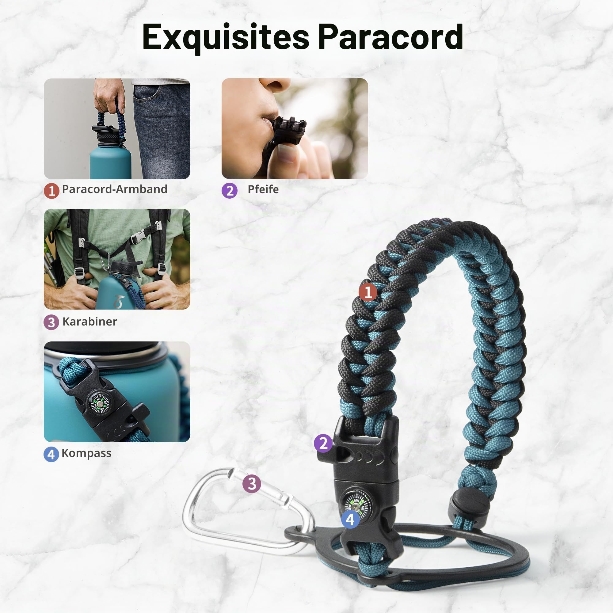 Thermosflasche mit Strohhalm 2L, Trebo Trinkflasche Edelstahl mit Paracord-Griff & 3 Deckeln, Edelstahl Trinkflasche Große Sportflasche Kalt halten 48 Stunden Wasserflasche, Indigo Schwarz