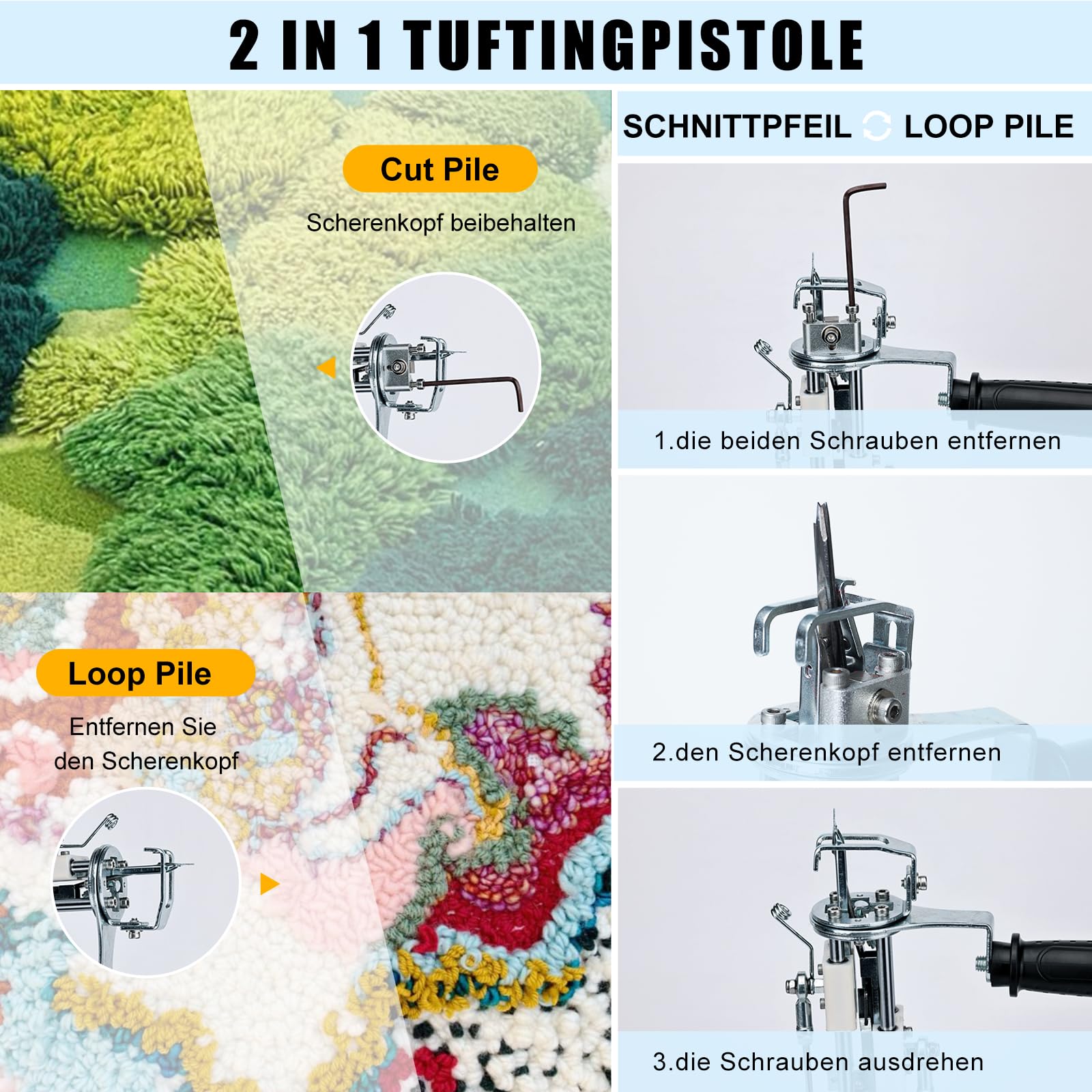 Tufting Gun Set mit Teppich Trimmer & Garn & Tufting Tuch, Teppich Tufting Pistolen Set für High-Speed Weben von Teppichen, Tufting Machine Kit DIY Tools -Blau