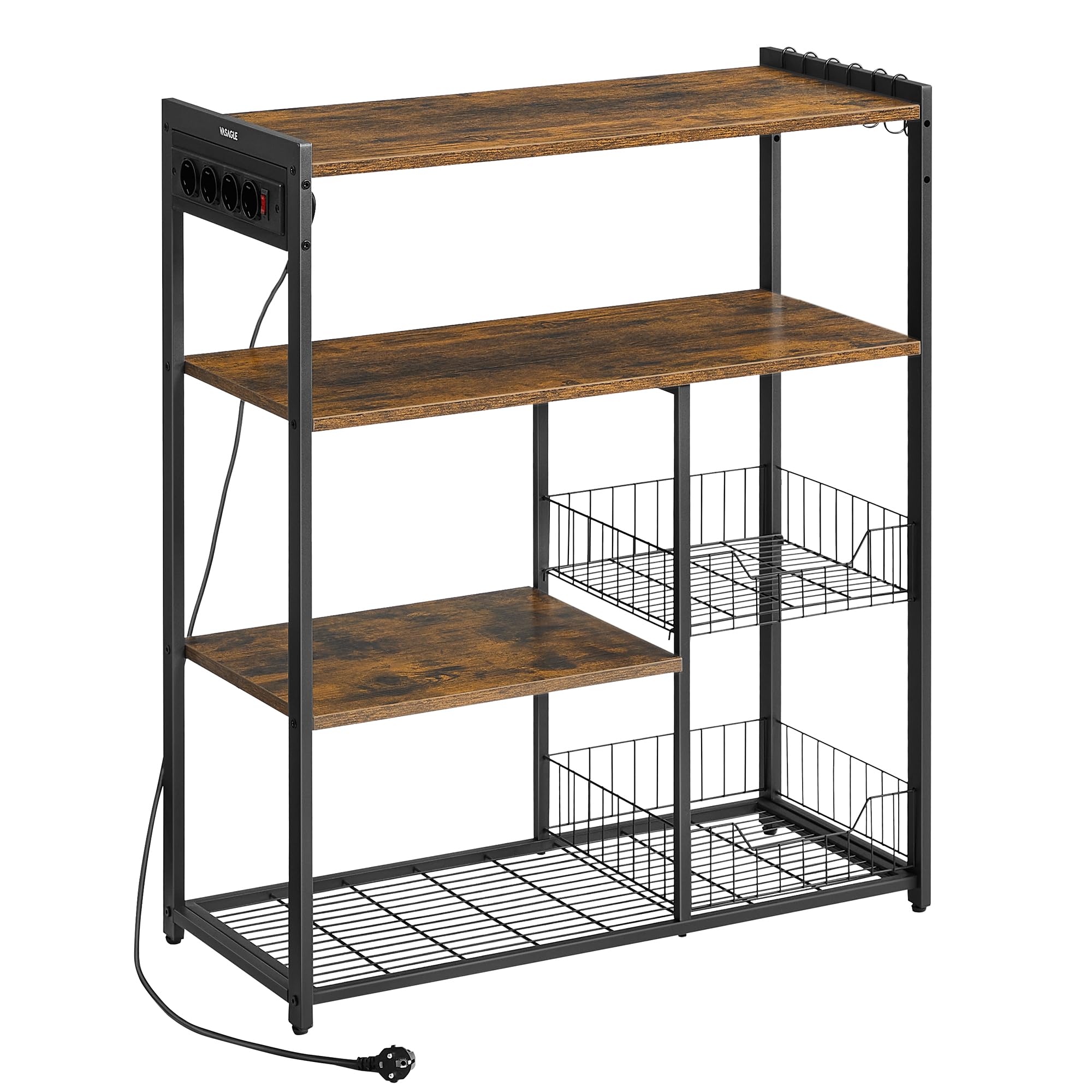 VASAGLE Estantería de Cocina con 2 Cestas de Malla, Estantería para Microondas, Estación de Carga, con Estantes y Ganchos, 35 x 80 x 93,5 cm, Estilo Industrial, Marrón Rústico y Negro Tinta KKS196K01