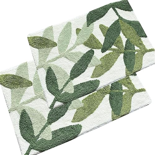 ZebraSmile Alfombras de baño Juego de 2 alfombras de baño verdes, juego de 2 tapetes de baño de hojas (17.5 x 25.5 pulgadas + 19.5 x 31.5 pulgadas)