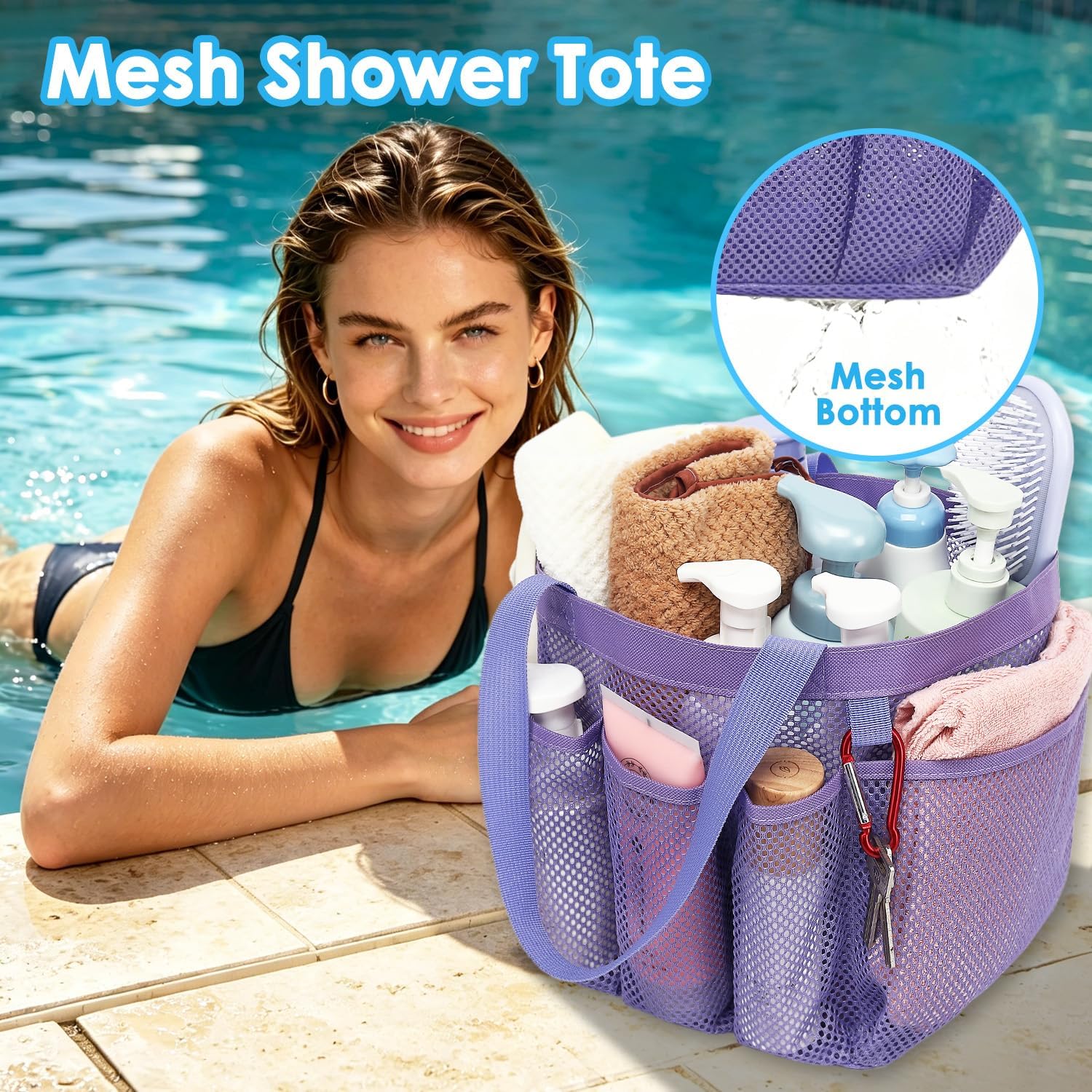 Fammart Mesh Shower Caddy Portable for College Dorm Room Essentials, Odorless Polyester Large Shower Tote Bag with Dual Handles, 8-Pocket Quick-Dry Toiletry Organizer for Travel, Beach, Camping, Gym image 3