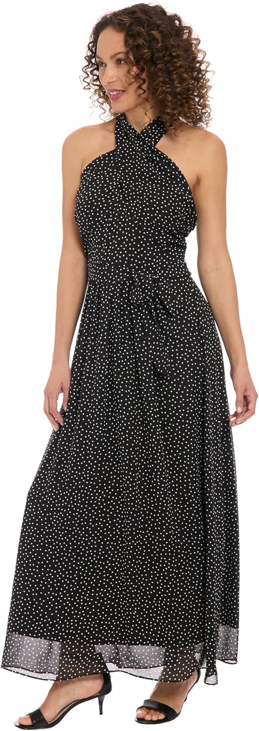 London Times Womens Women's Halter Neck Maxi Dress with Sheer Overlay - Elegant A-line Formal Evening Party Long Dress - Image 2