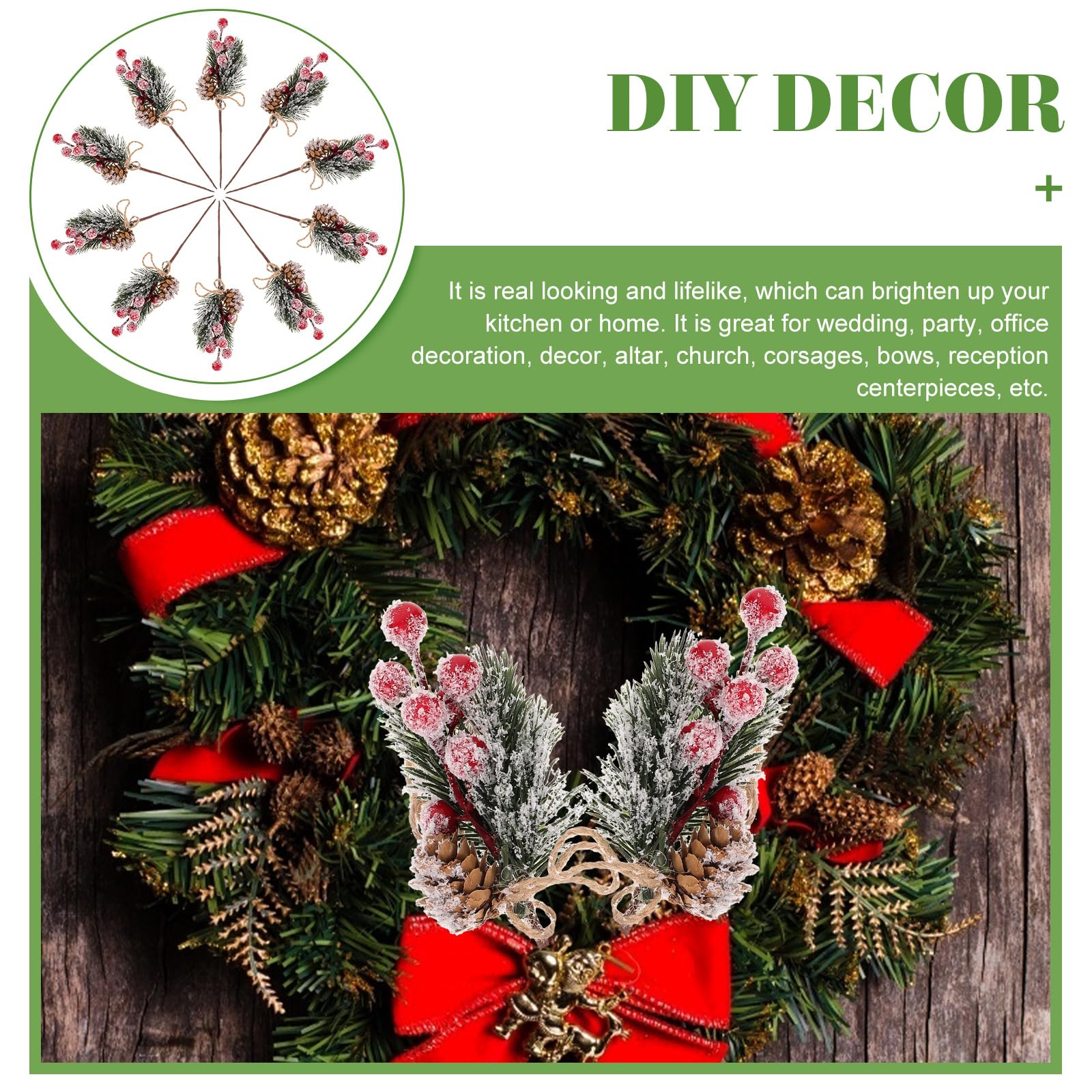 Lot De 10 Branches De Sapin Artificiel Avec Pommes De Pin Et Baies Blanches - Déco Noël DIY Pour Couronnes, Bouquets, Décorations De Table