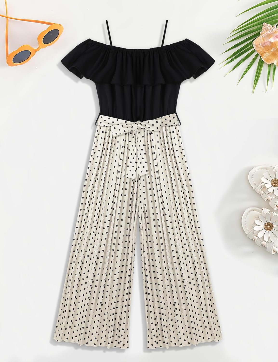 oklady Girls' Jumpsuits Belted Ruffle Top High-waisted Wide Leg Pleated Pants One Piece Outfit 6-14 Y - Image 4