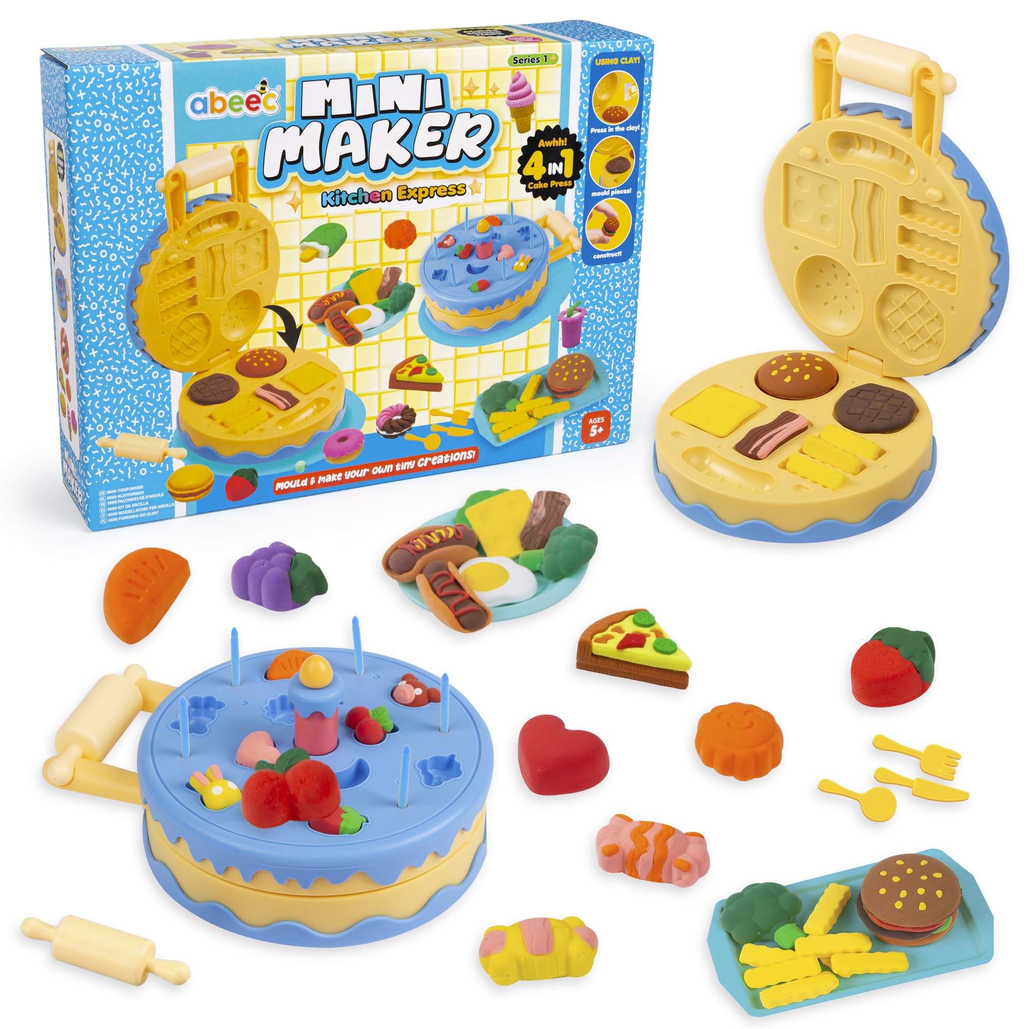 abeec Mini Maker Kitchen Express | 4-in-1 Air Dry Clay Food Craft Set for Kids | Cake Press, Tools & Moulds | Create Teeny Tiny Meals & Treats | Clay Craft Kit for Age 5+