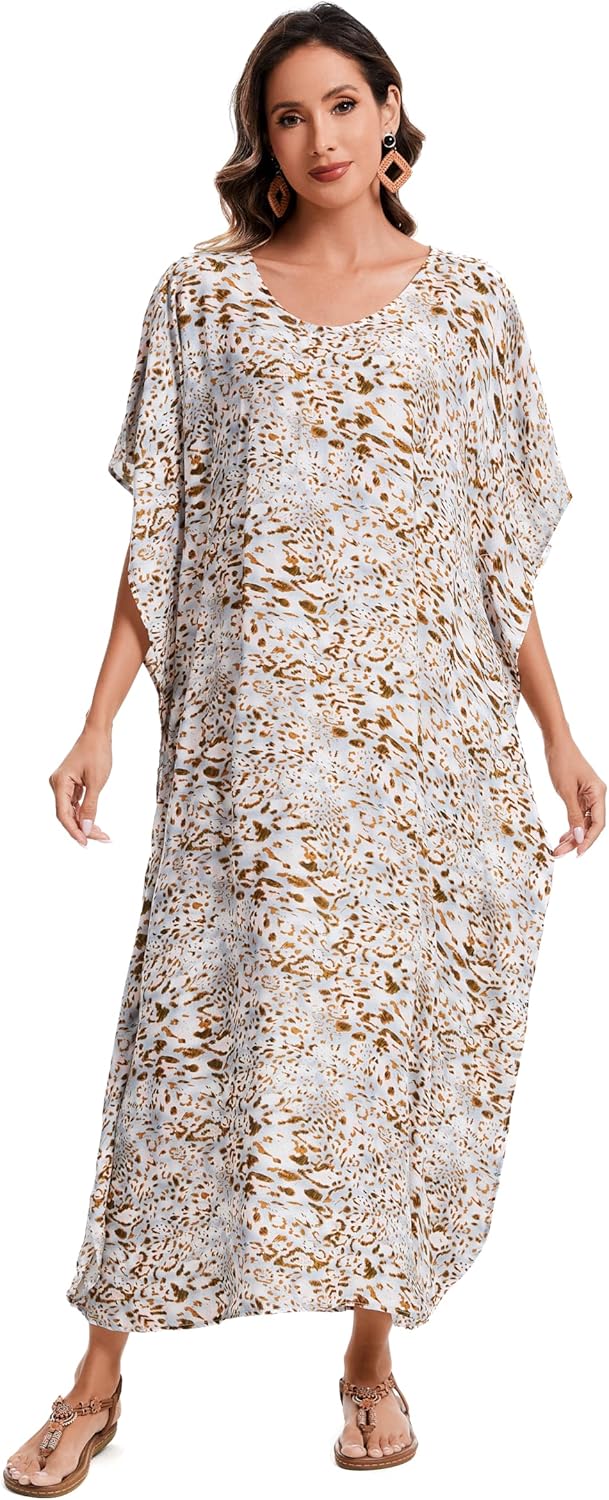Beautybatik Boho Animal Stripe Print Plus Size Women Kimono Kaftan Maxi Long Sleeve Beach Cover Up Loungewear Dress XL to 4X