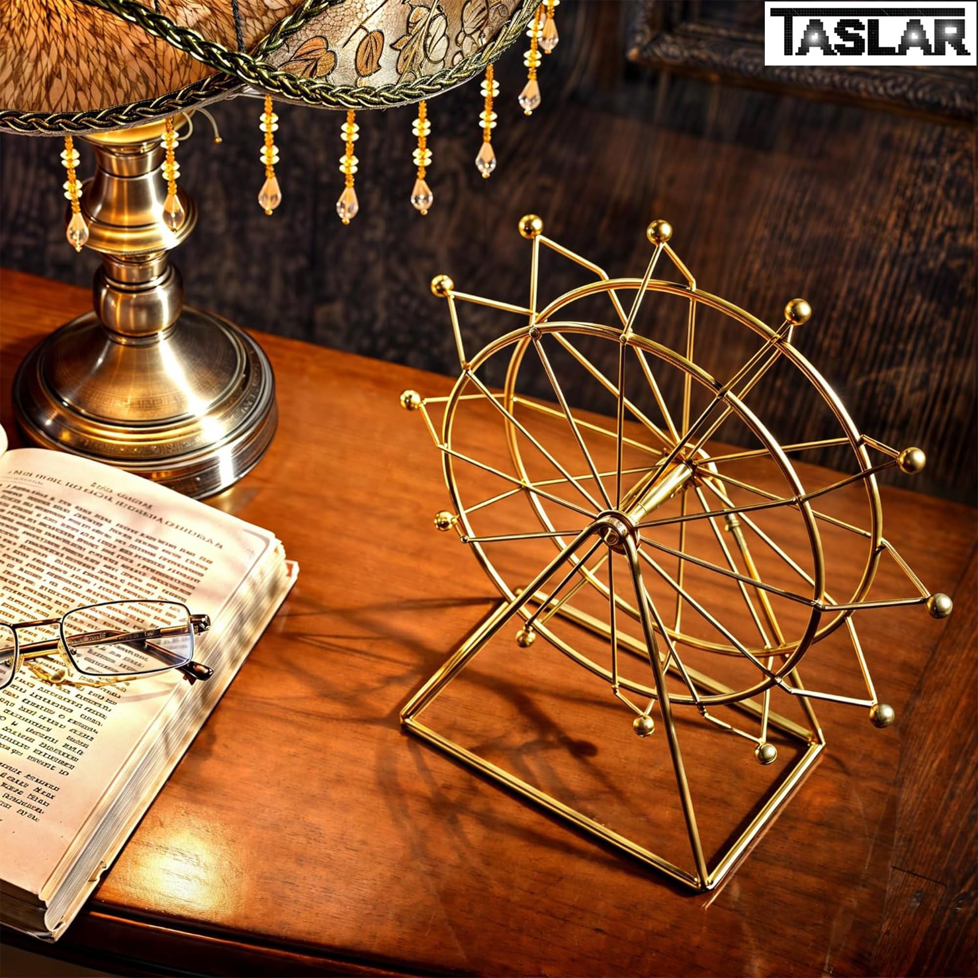 TASLAR Ferris Wheel Model Home Decorations Desktop Iron Figure Ornaments Metal Modern Shelf Rotating Accent for Living Room Office Entryway, Home Decor, Desk Ferris Wheel Decoration Modern Gift (Gold) 2