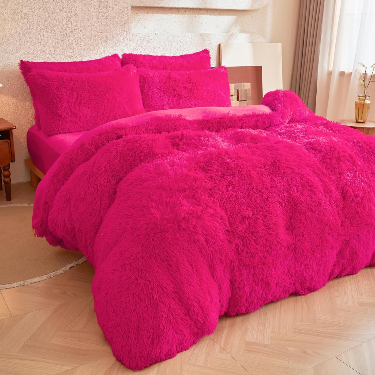 Fluffy Plush Duvet Cover Set, Luxury Ultra Soft Faux Fur Hot Pink Comforter Cover 3 Pieces (1 Fuzzy Cover + 2 Shaggy Pillowcases), Zipper Closure (Queen, Hot Pink)