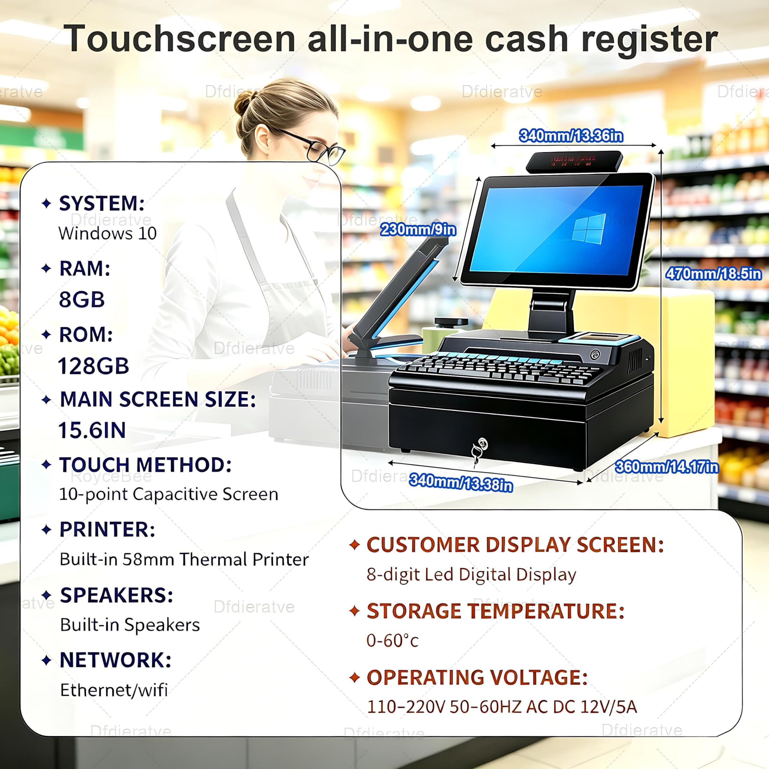 All-in-One POS Terminal mit Scanner, 58mm Bon-Drucker, Geldlade, 15,6" Touchscreen, i5, 8GB RAM, 128GB SSD, Windows 10