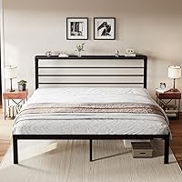 Vista 17 de SHA CERLIN Base de cama tamaño King con estante de cabecera y base de metal resistente, no necesita somier, color marrón