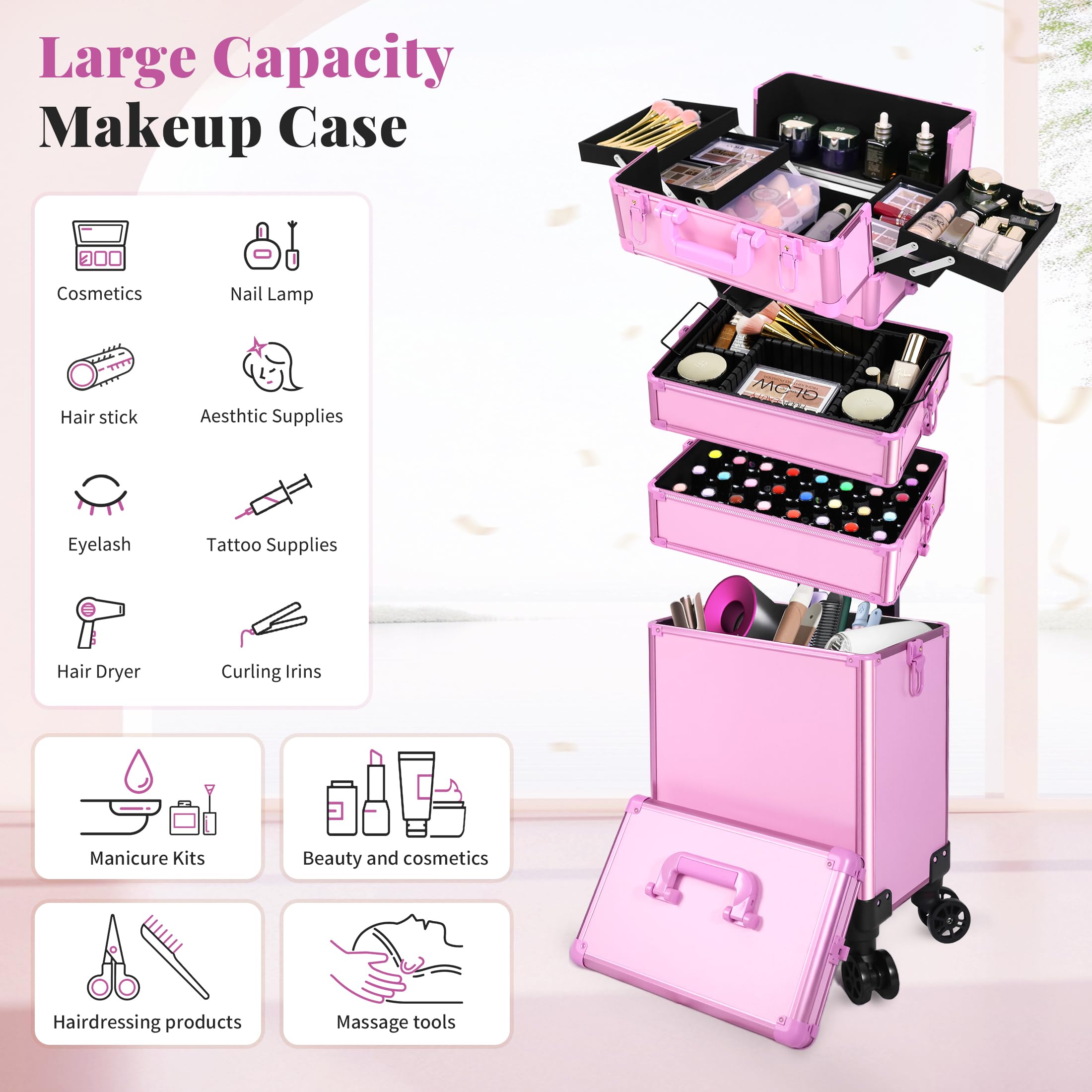 JINGUAN Profesional Rolling Makeup Train Case with Lid, 5 in 1 Cosmetology Case on Wheels, Large Cosmetic Trolley Organizer Travel for Hairstylist Artist Nail Beauty Salon Barber, Gravel Purple