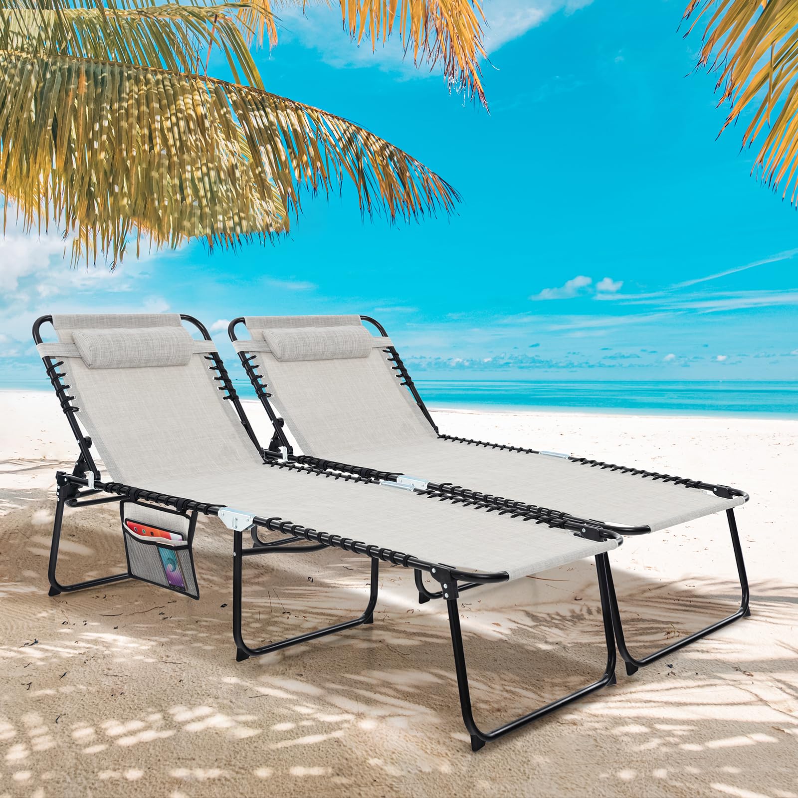 COSTWAY Lettino Prendisole da Giardino, Sedia a Sdraio Pieghevole con Schienale Regolabile, Cuscino Staccabile, Tasca, Portata 200 kg, 168-188 x 69 x 41-86 cm (Grigio)