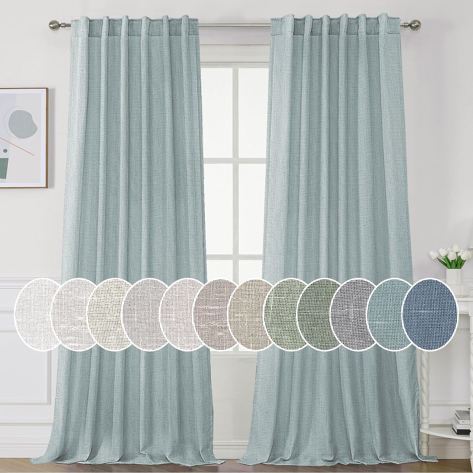 H.VERSAILTEX Natural Linen Curtains 84 inches Long for Living Room 2 Panels Back Tab Loop Pocket Linen Textured Light Filtering Neutral Country Rustic Farmhouse Boho Curtain for Bedroom, Cloud Blue