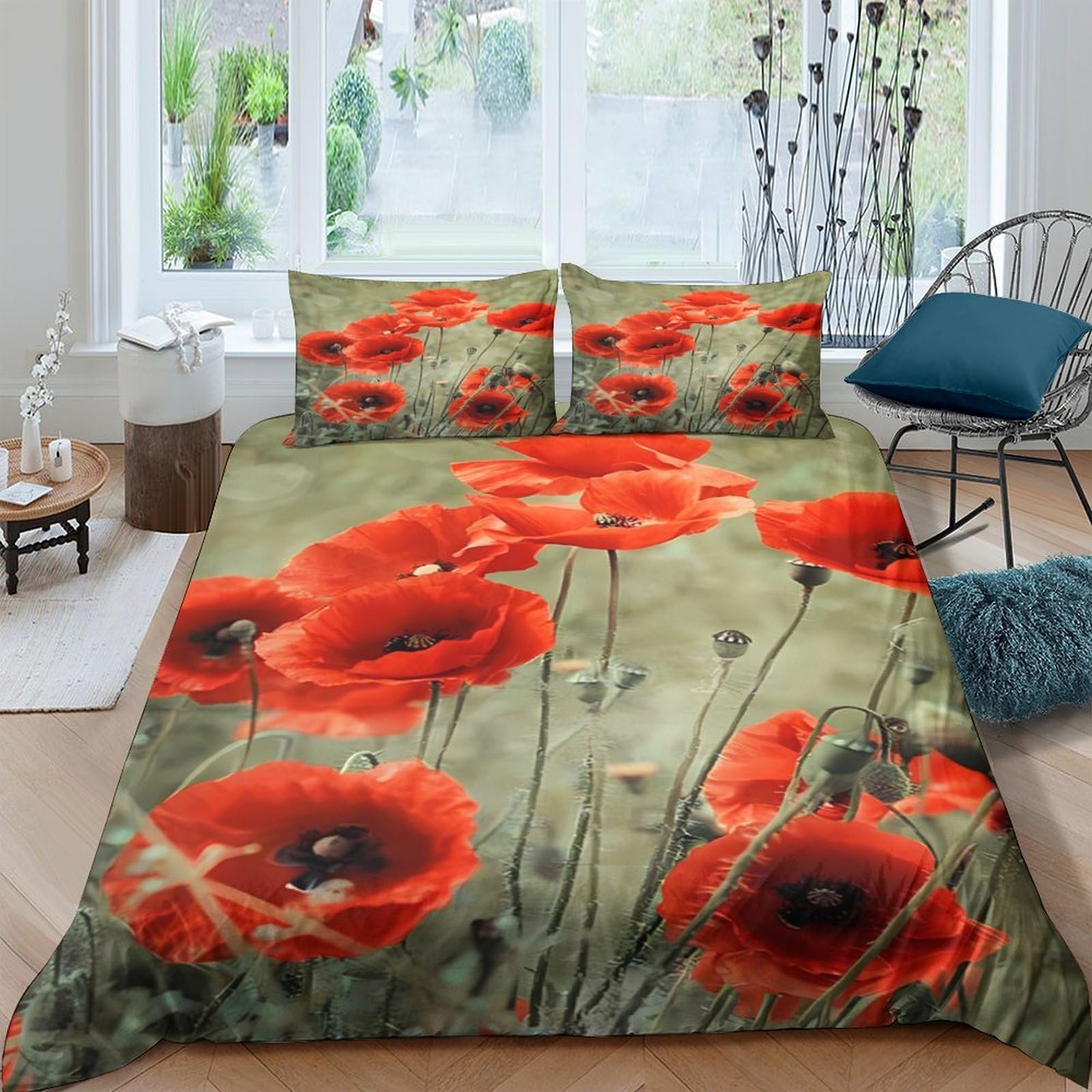 Ctjqhvkz Style-7 3D Printed Red Poppy Field Fitted Sheet Microfiber Soft Non-Slip Floral Bed Sheet For Bedroom Guest Room Decor Single（135X200cm）