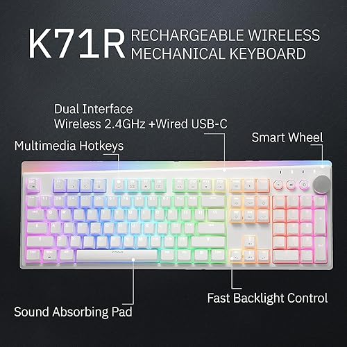 Miniatura 9 de iRocks K71R Teclado mecánico inalámbrico RGB para juegos, interruptores marrones, PBT 107 teclas NKRO, retroiluminación RGB, teclado profesional
