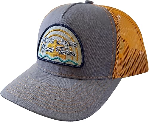 Michigan Great Lakes Great Times Embroidered Patch Logo Structured Mid-Profile Six Panel Trucker Hat with Mesh Back Adjustable Snapback (Heather