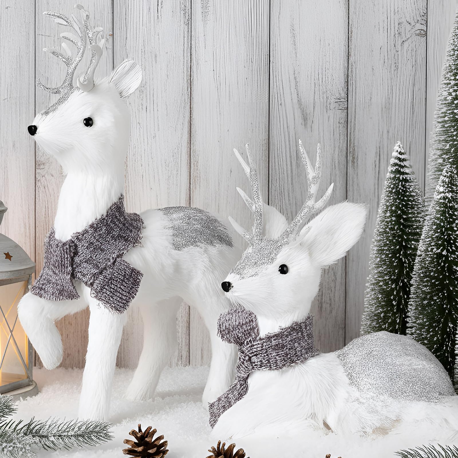 Photo 1 of AceOrbit Set of 2 Silver Sisal Winter Reindeer Decor 14.5 Inch Glitter Winter Deer Figurines with Plush Scarf Woodland Animals Xmas Decorations Indoor Xmas Table Centerpiece Mantel Shelf Decor