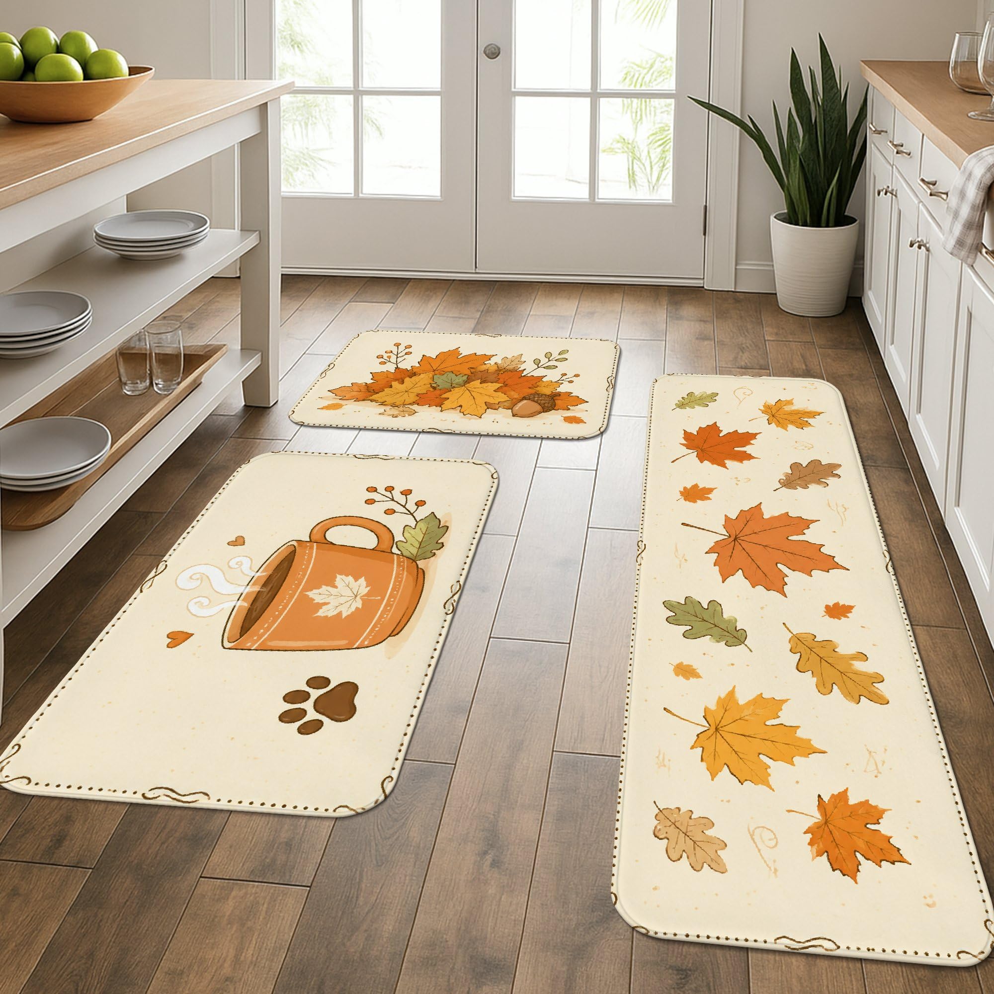 Tapis de cuisine lavable lot de 3 tapis évier salle de bain feuilles orange