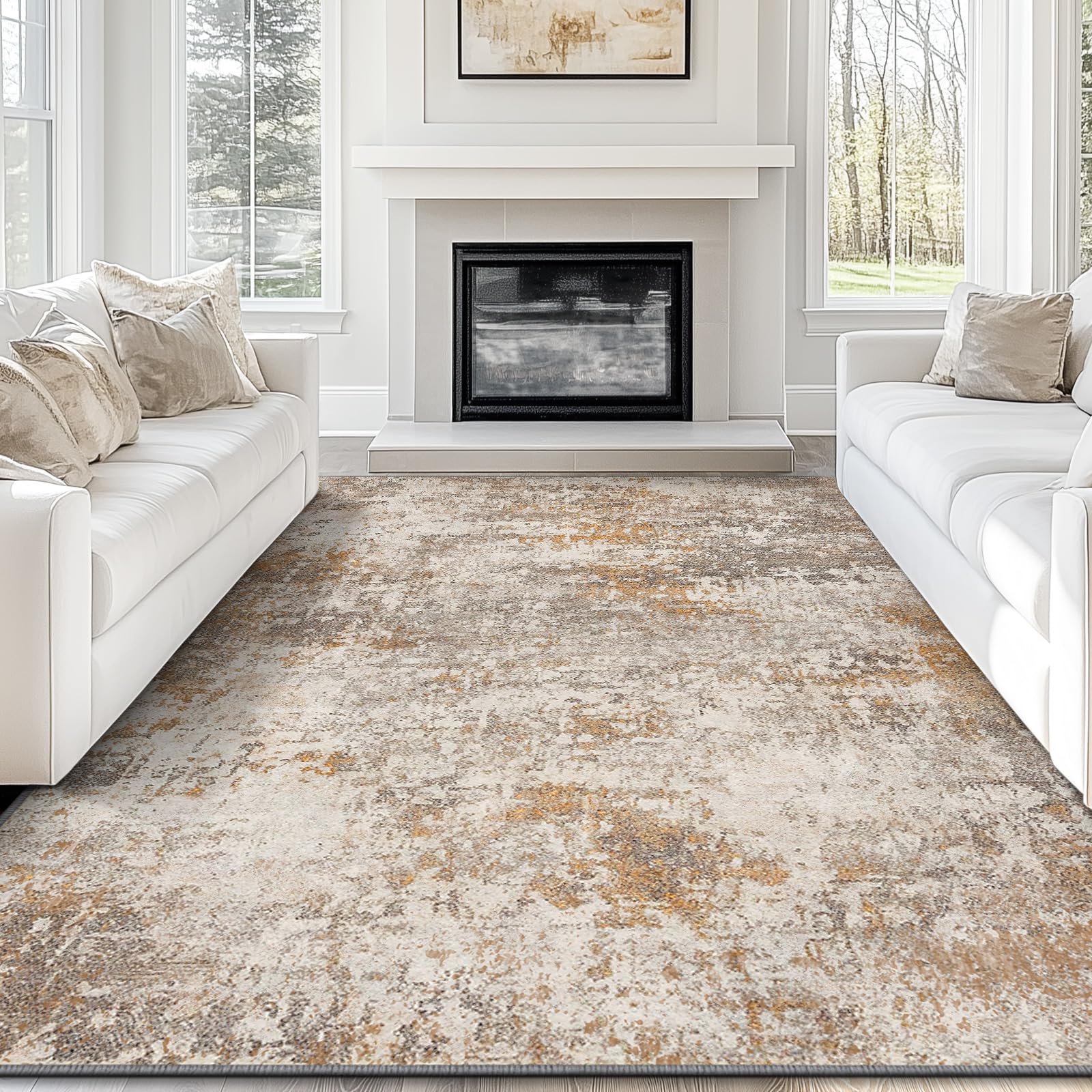 Modern Abstract 8x10 Area Rug, Non-Slip Washable Carpet for Living, Bedroom & Dining Room, Soft Faux Wool Rugs for Hardwood Floors, Brown