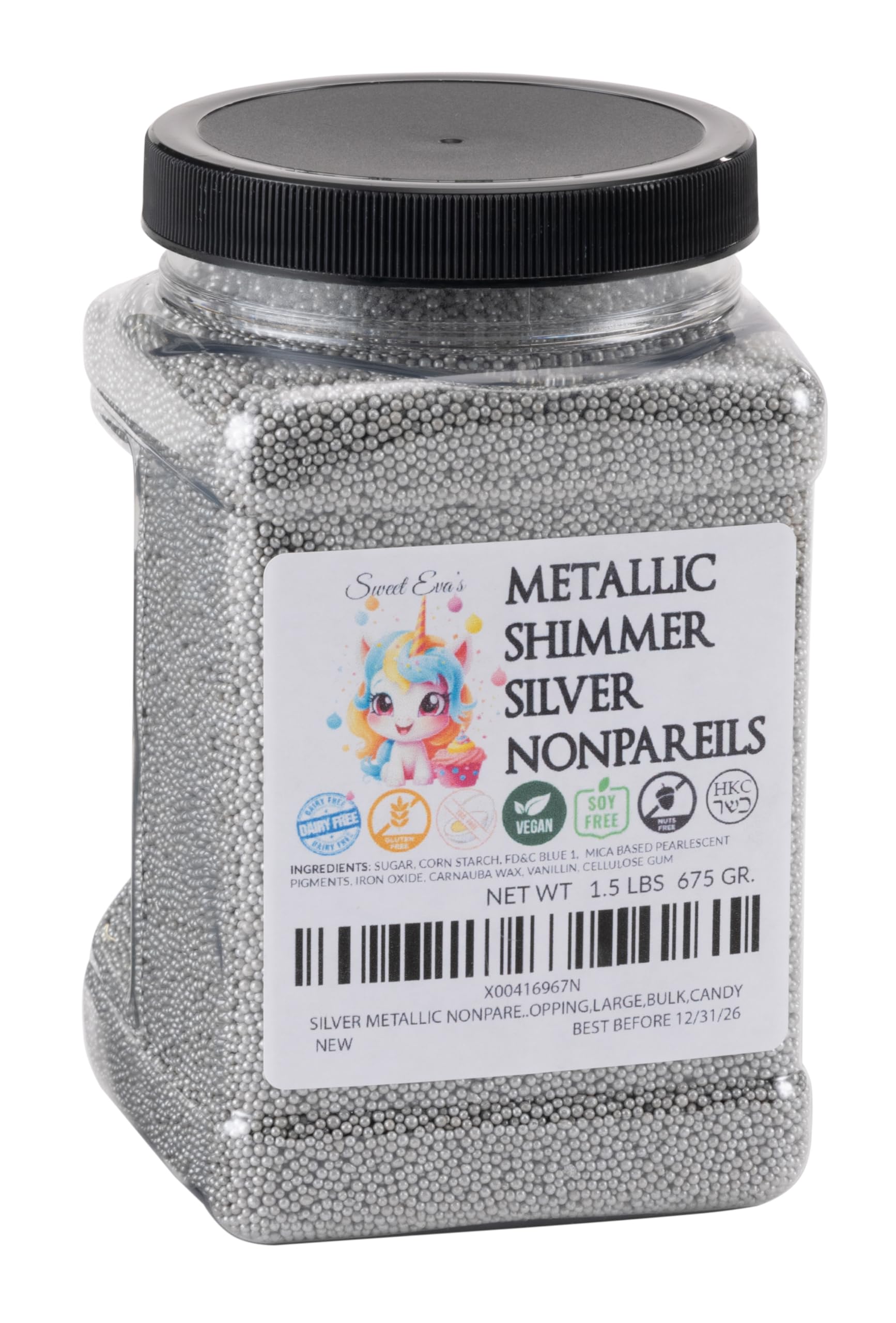 SILVER METALLIC NONPAREIL - Dairy Free,Gluten Free,Egg Free,Vegan,Soy Free,Nuts Free,Kosher,Cookies,Cupcakes,Cakes,Decorating And Baking,Cake