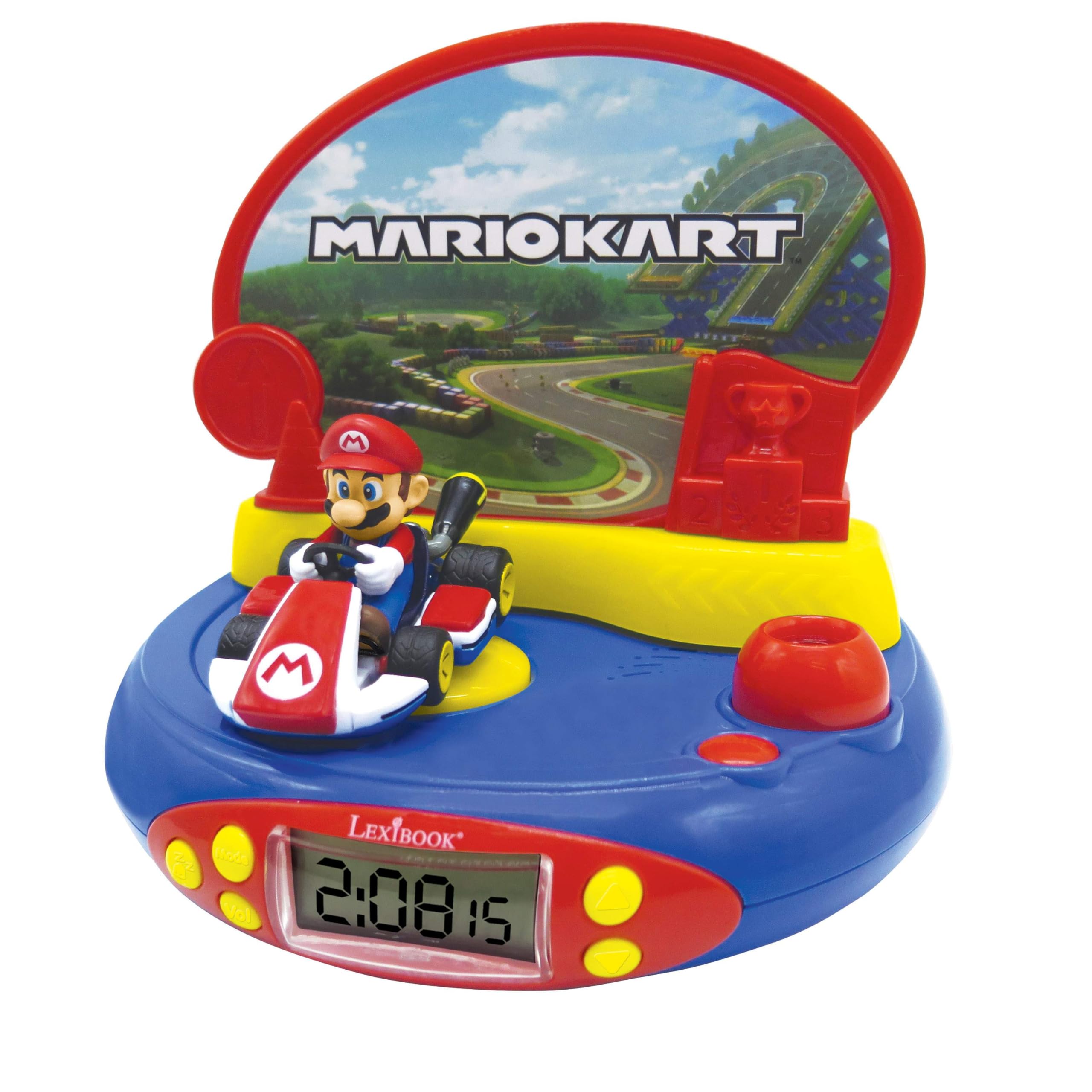 LEXIBOOK, Super Mario, Projector Alarm Clock for kids, Nightlight and time projection to the ceiling, Sound Effects, Battery-powered, Blue/red, RP500NILXB
