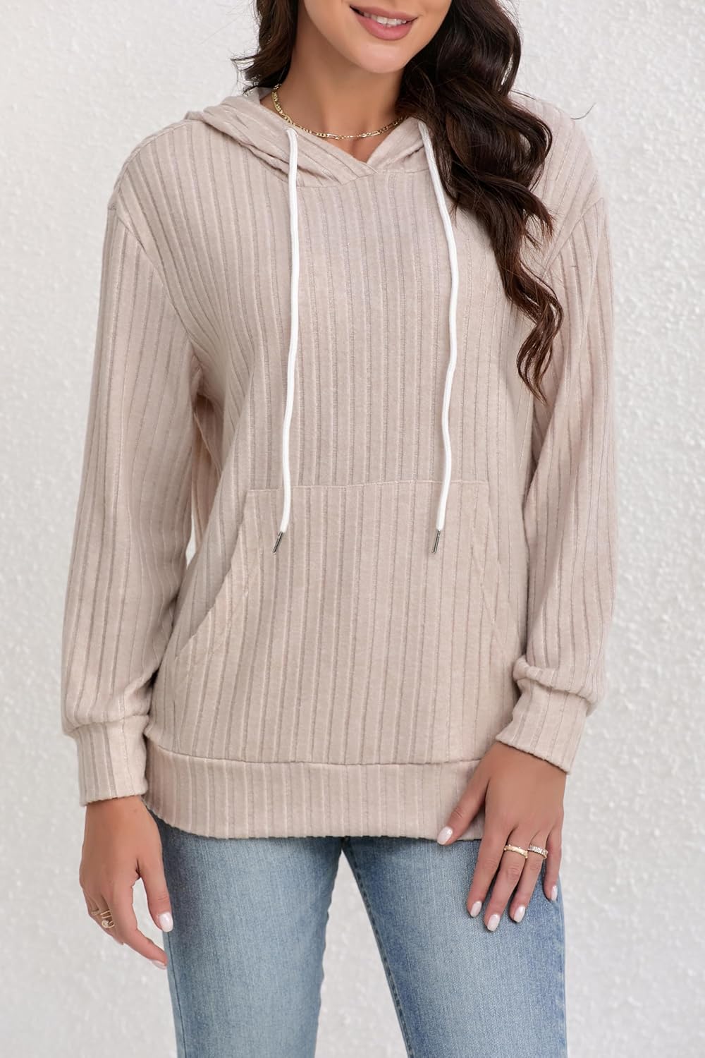 Redomo2025，Women's Ribbed Knit Pullover Hoodie, Beige, Long Sleeve, Casual Drawstring Sweater with Kangaroo Pocket，RES2406026 - Image 3