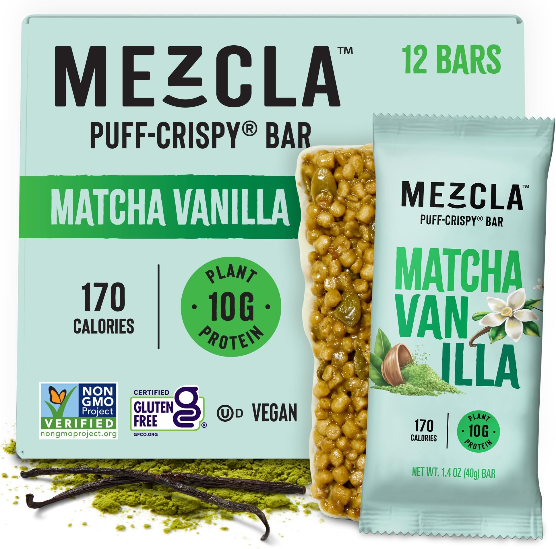 Puff-Crispy Plant Based Protein Bars - Matcha Vanilla - Healthy Snacks for Adults & Matcha Latte Fans - Best School, Travel, Office Snacks - Gluten Free, Vegan, Non GMO, 10g Protein - 12 Count