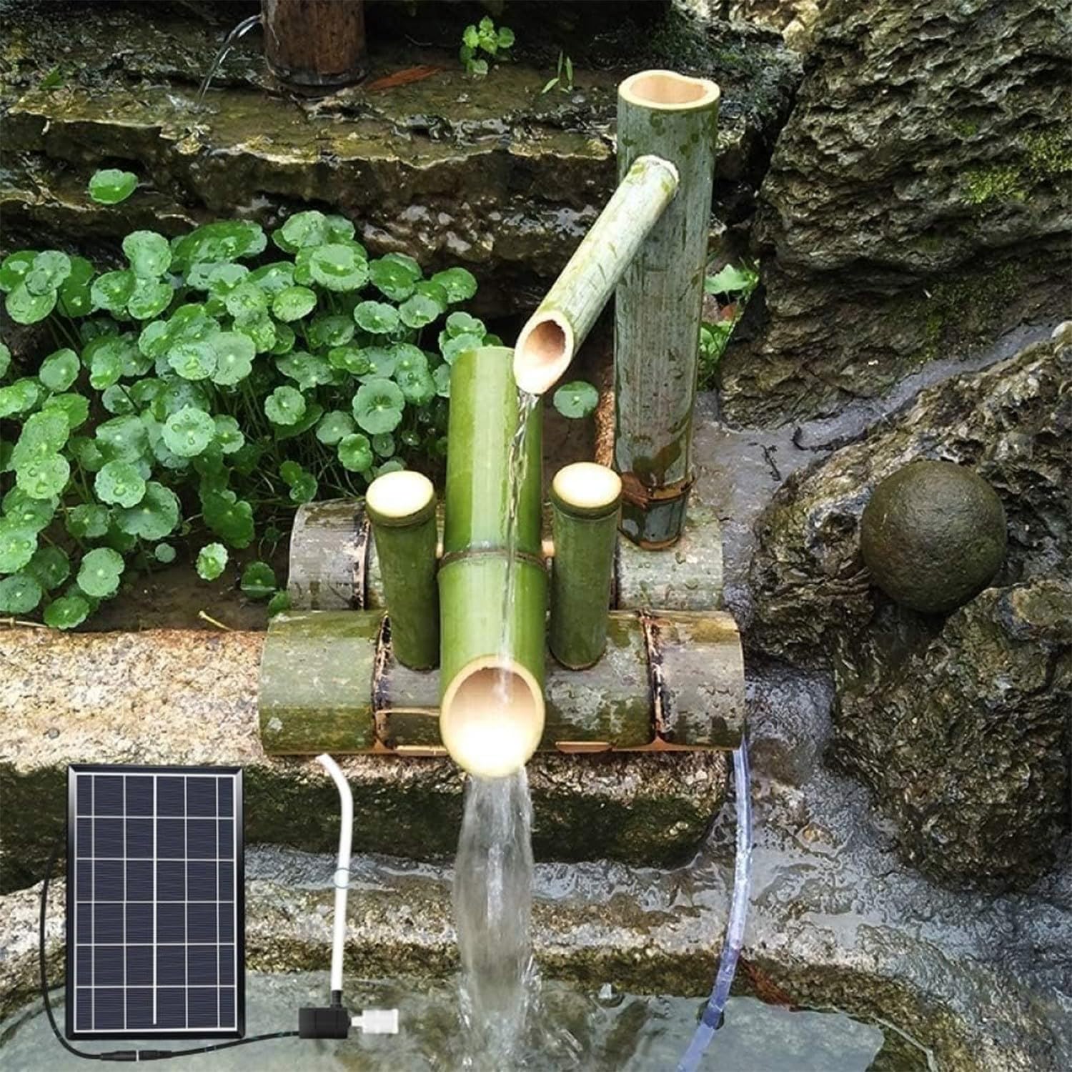 Fontaine À Eau Solaire en Bambou Naturel Patio, Cascade Décorative D'extérieur avec Panneau Solaire, Fontaine en Bambou, Buse Japonaise, Cascade Bassin De Jardin L 25cm