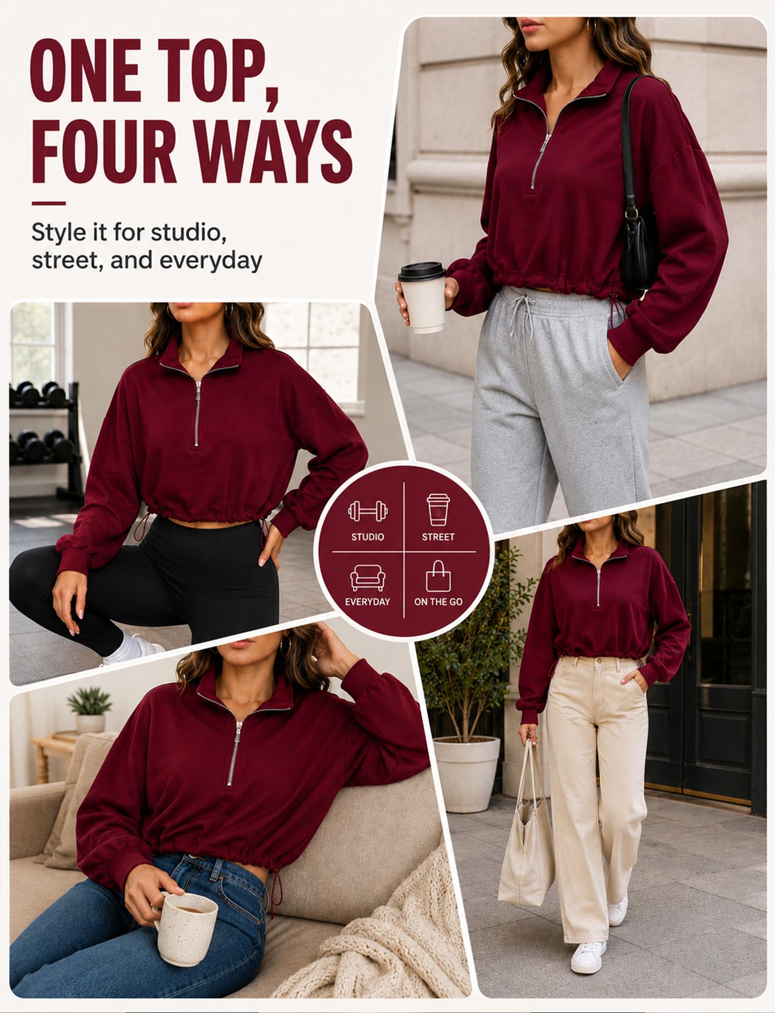 FEOYA Damska bluza Cropped Half Zip Oversize, stójka, sweter