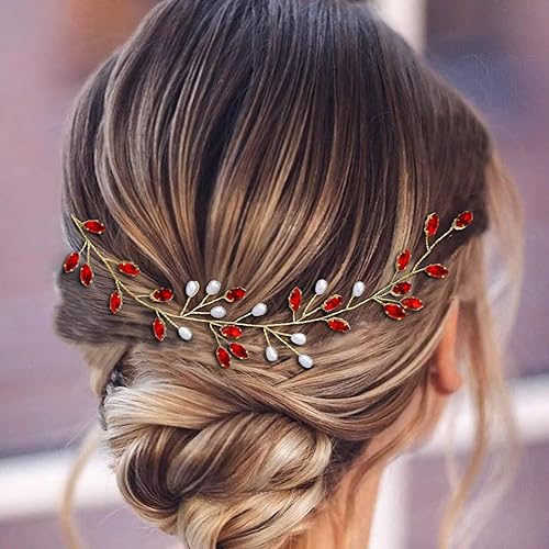 Elegantes accesorios de peinado nupcial - Diadema de flores de diamantes de imitación hecha a mano y horquilla de cristal para bodas, rojo